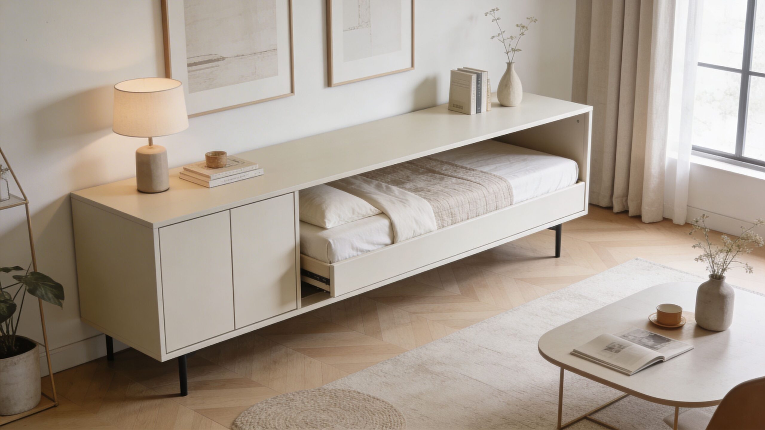 A modern, beige, minimalist console cabinet that features a pull-out bed hidden underneath its storage compartment.