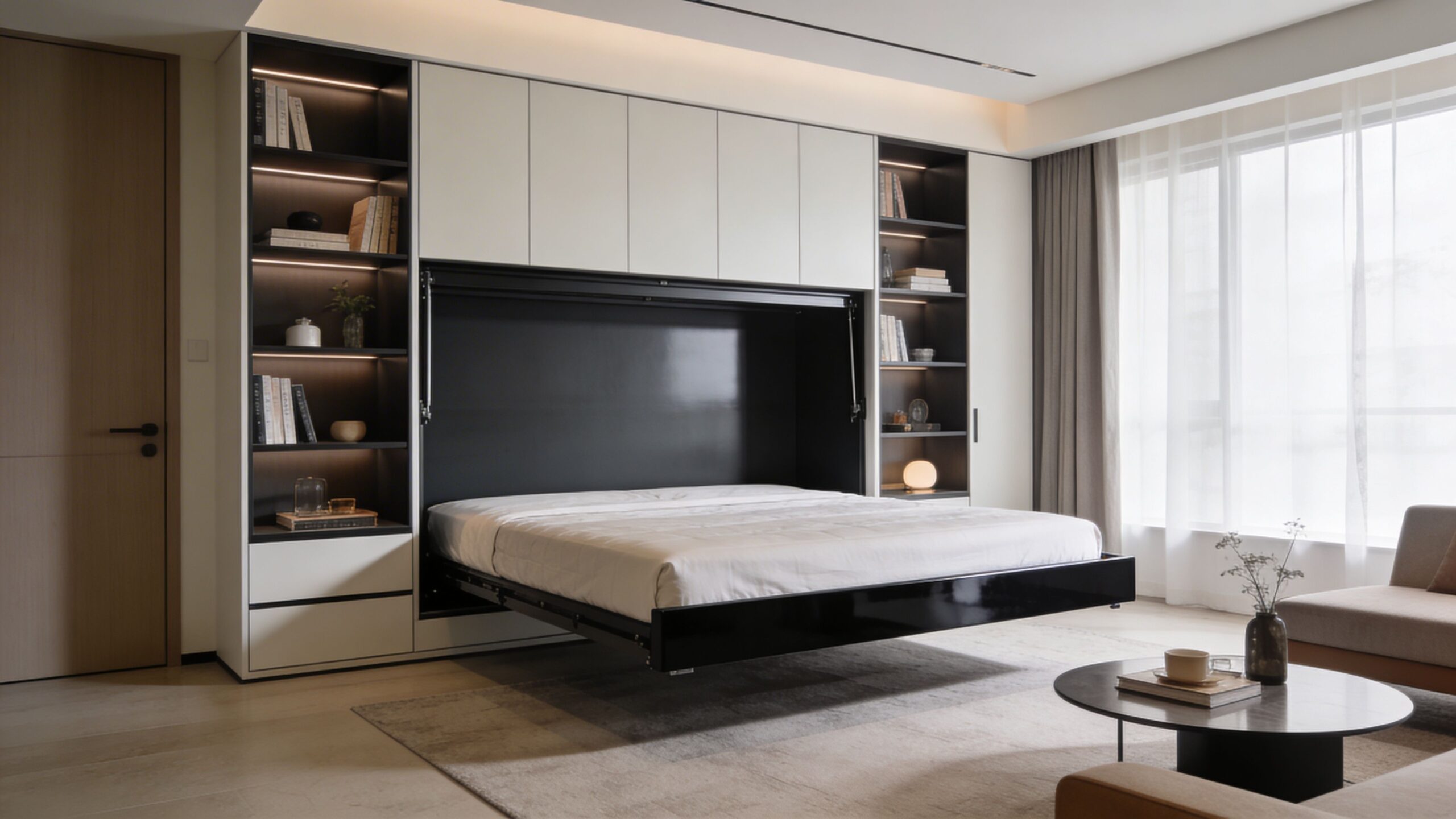 A modern, minimalist Murphy bed in the down position integrated into a sleek white and black wall unit.