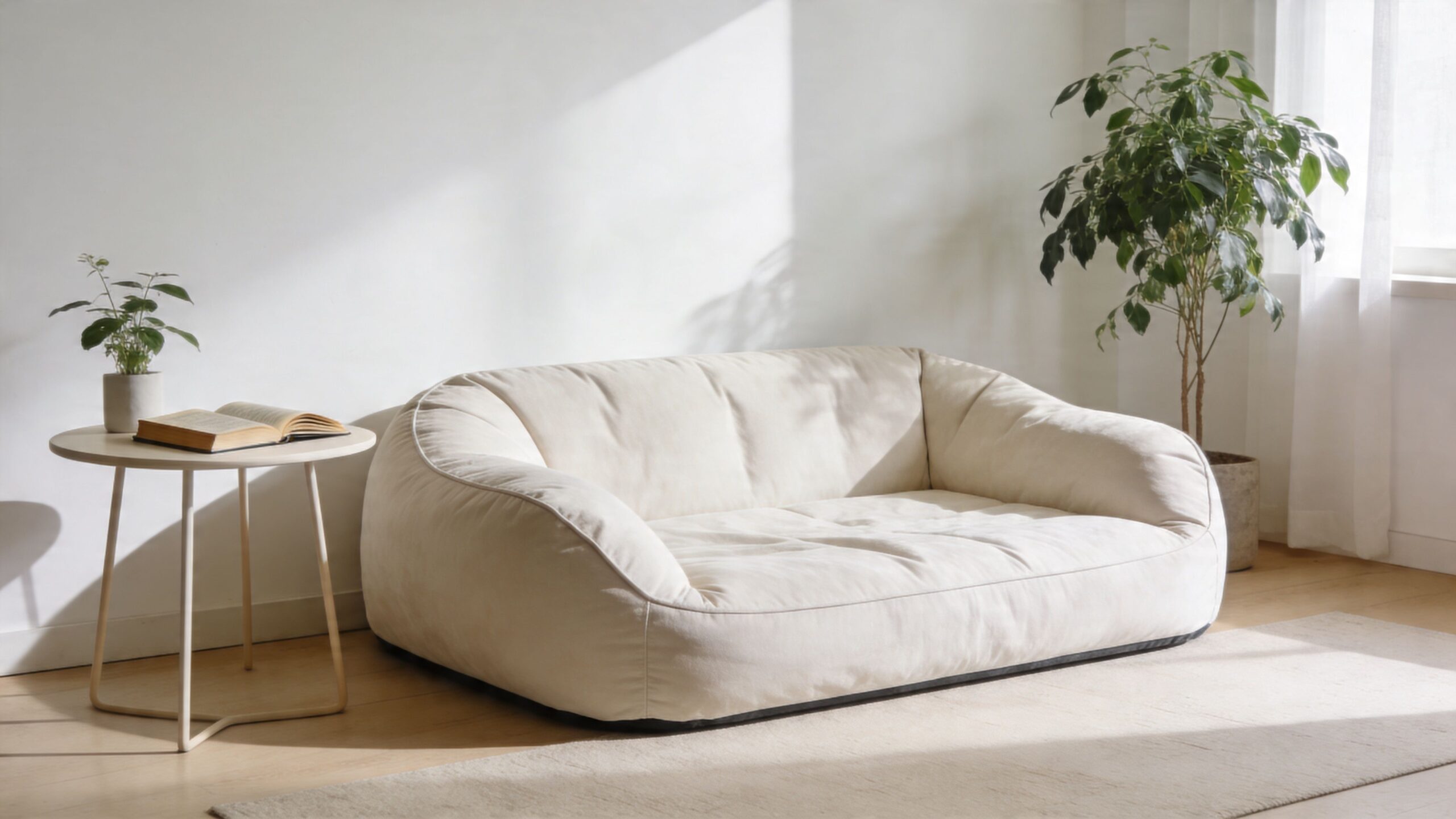 A minimalist white floor sofa sits on a rug in a bright, modern living room interior.