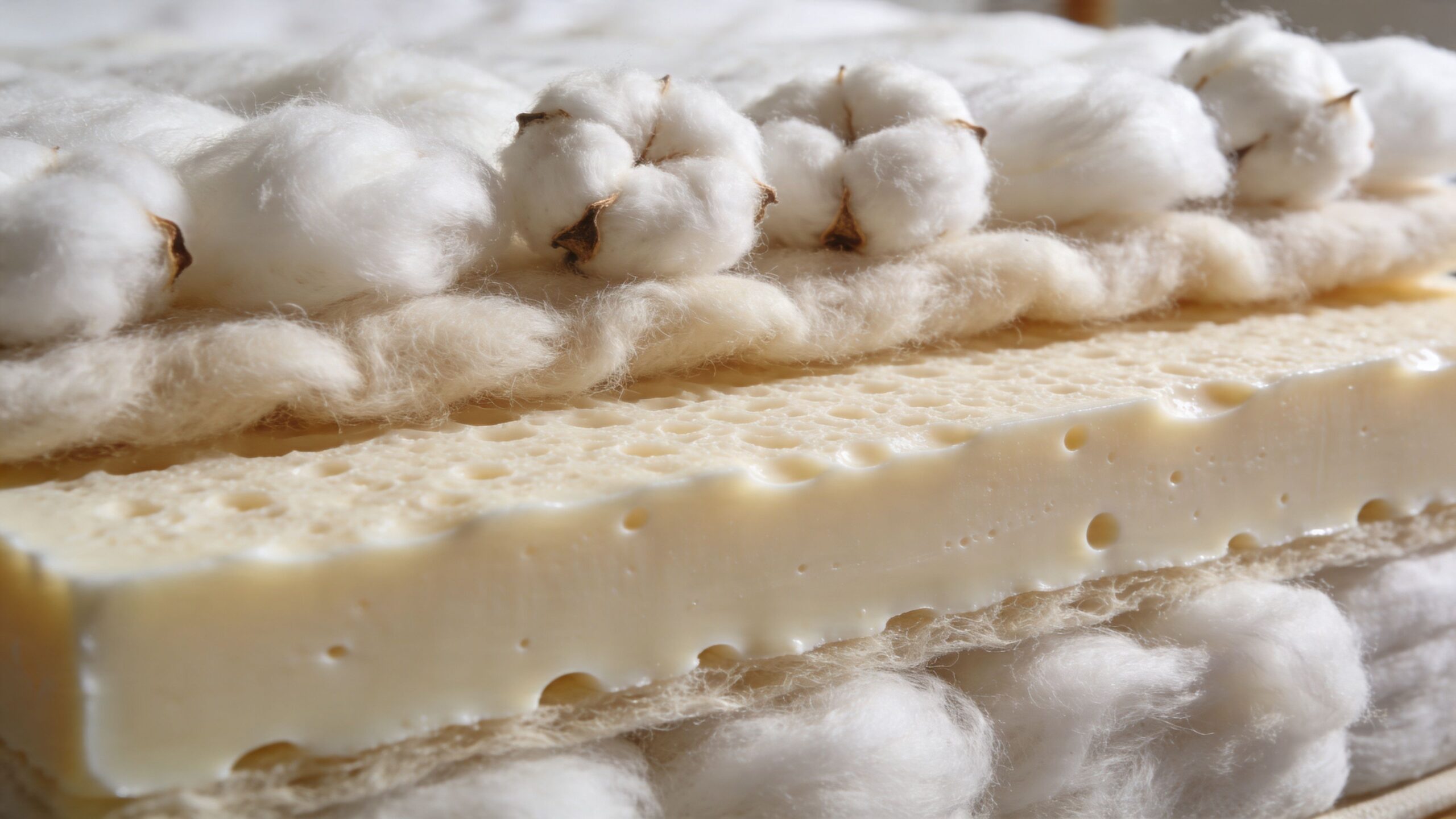 A close-up of organic mattress materials showing layers of raw cotton and aerated natural latex foam.