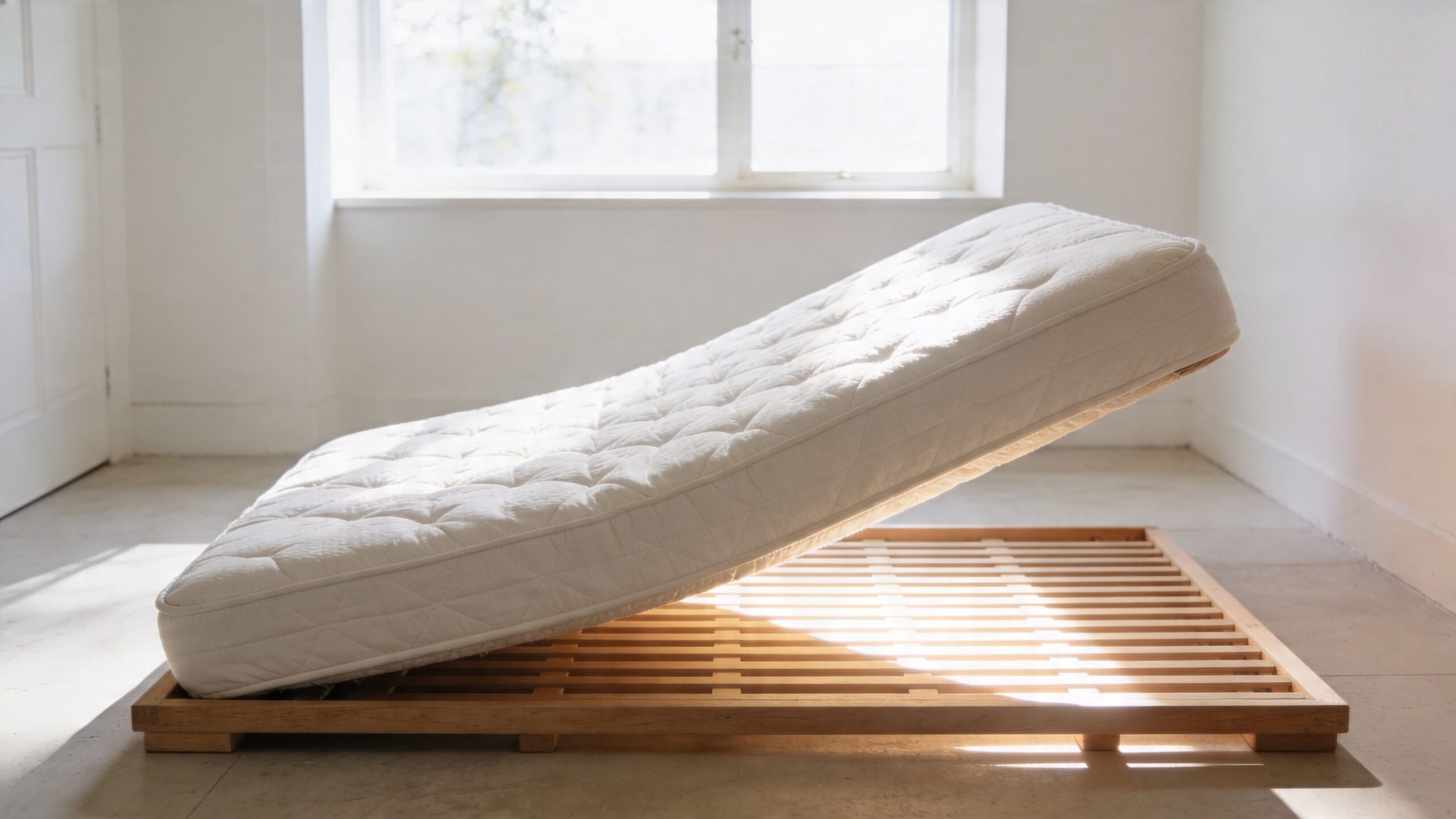 A natural organic mattress positioned at an incline on a minimalist wooden slatted bed frame in a room.