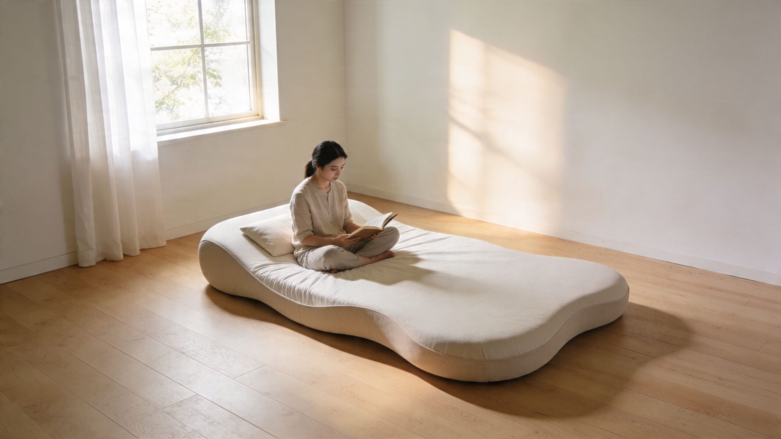 A young woman sits on an organic floor mattress in a bright, minimalist room while reading a book.