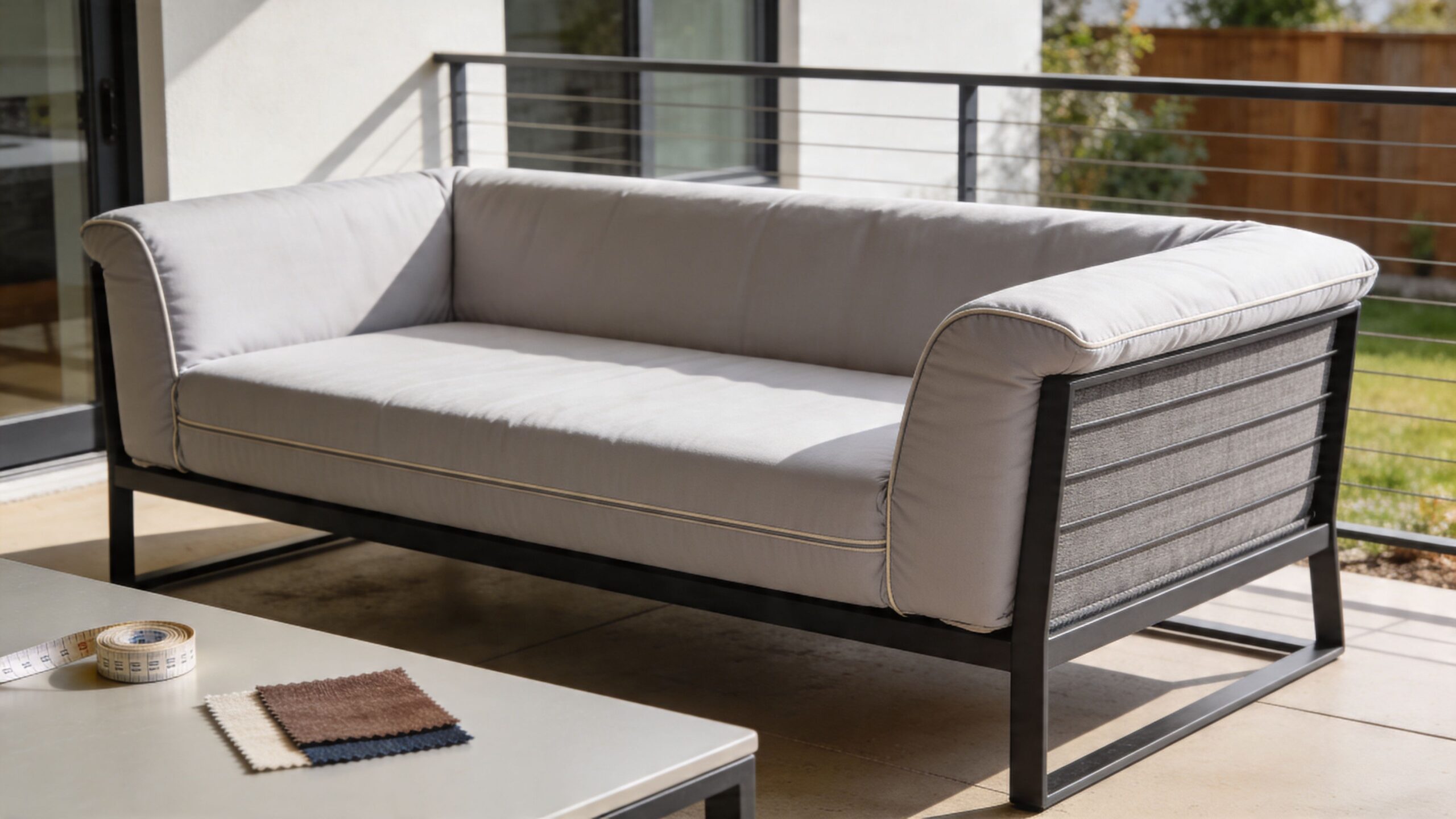 A modern grey outdoor sofa on a patio with a measuring tape and fabric swatches nearby.