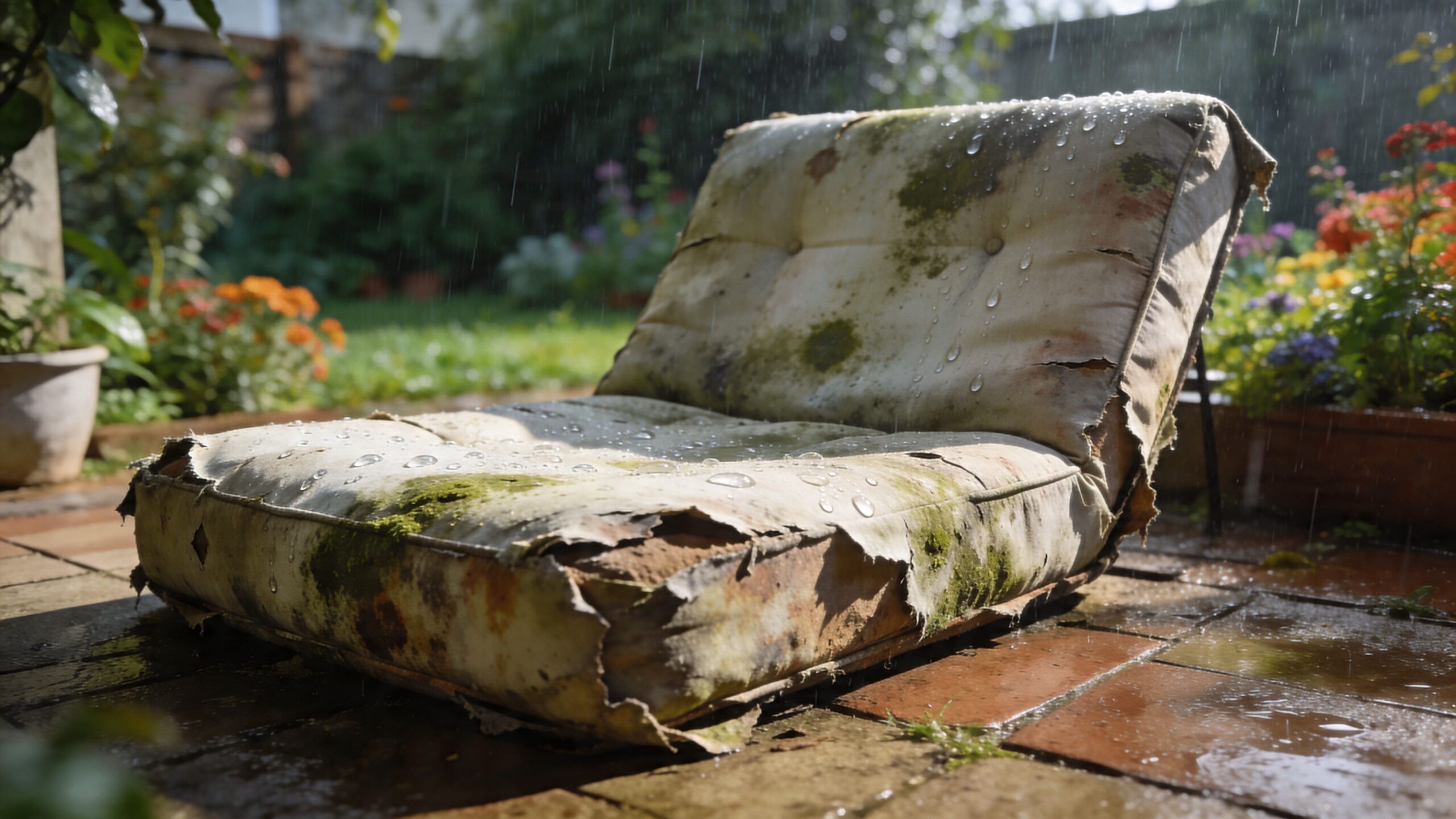 A weathered and damaged outdoor futon cushion sits abandoned on a wet patio during a light rain.