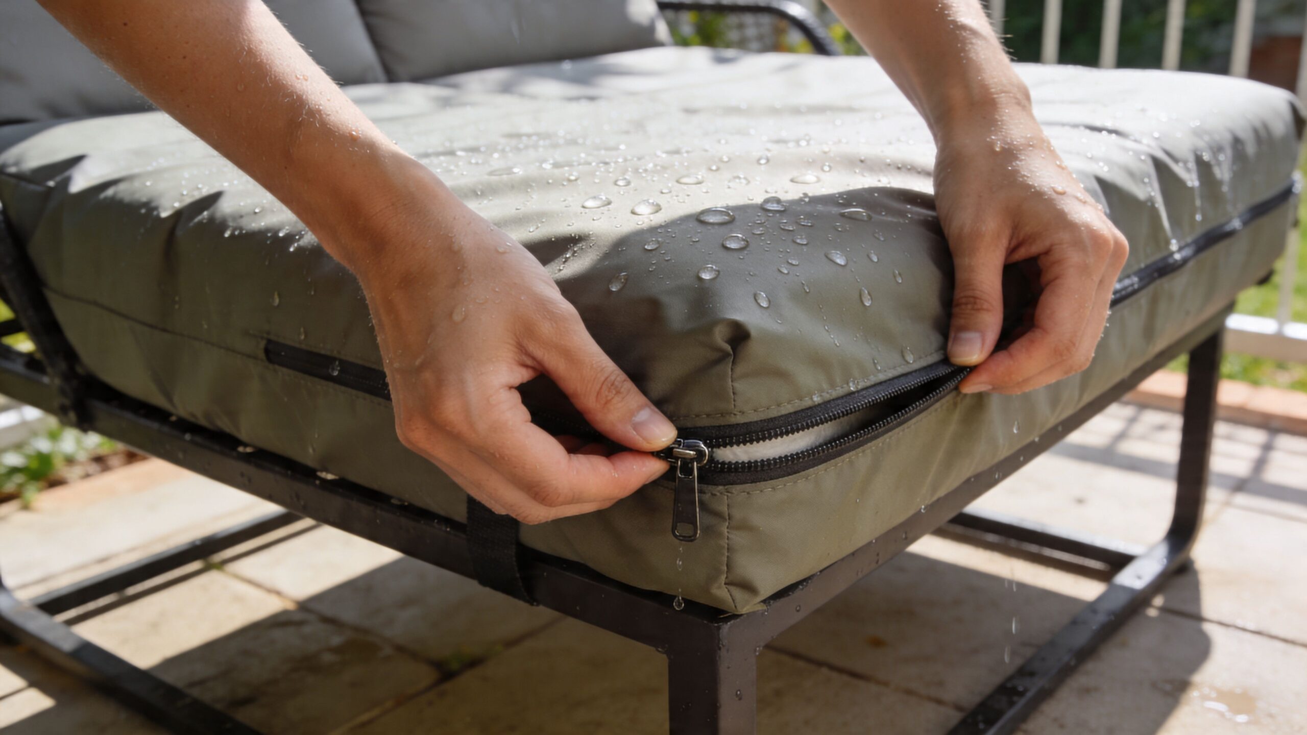 A close up of hands zipping up a water-resistant outdoor futon cover during a rain shower.