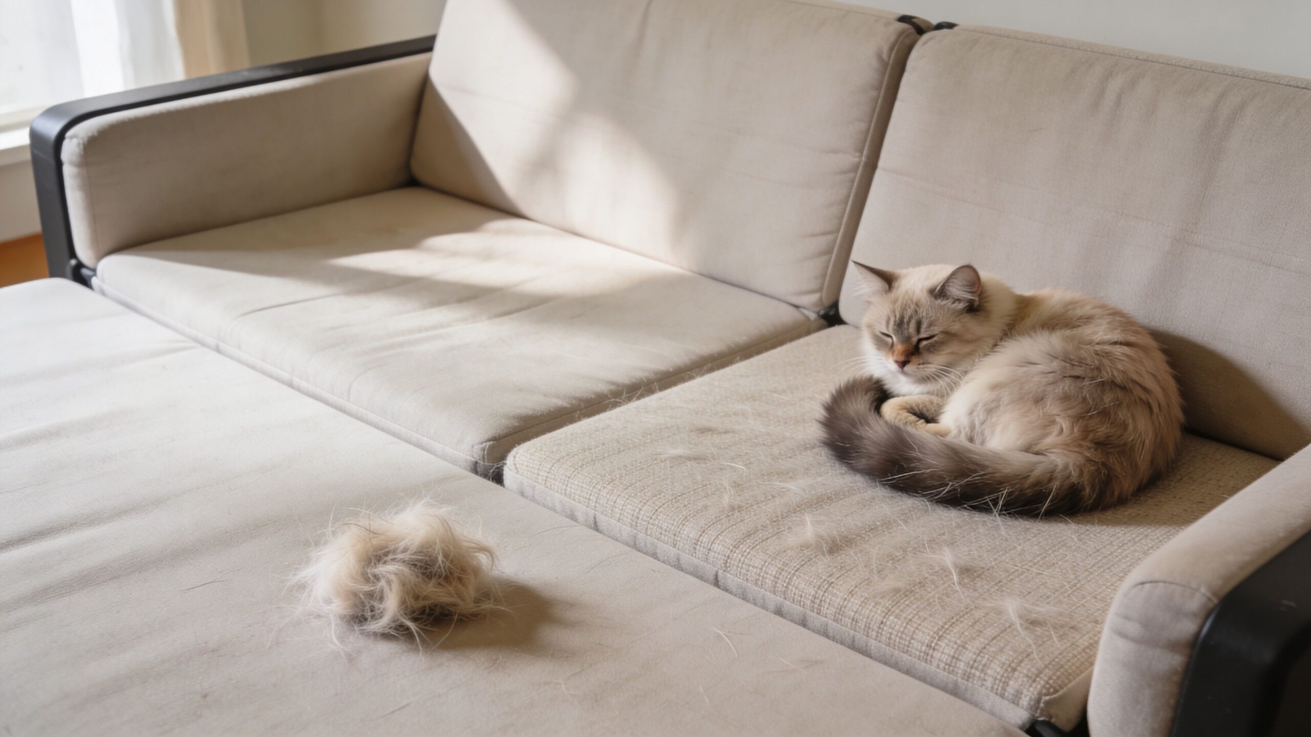 A light-colored cat resting on a couch beside a small pile of shed cat hair.