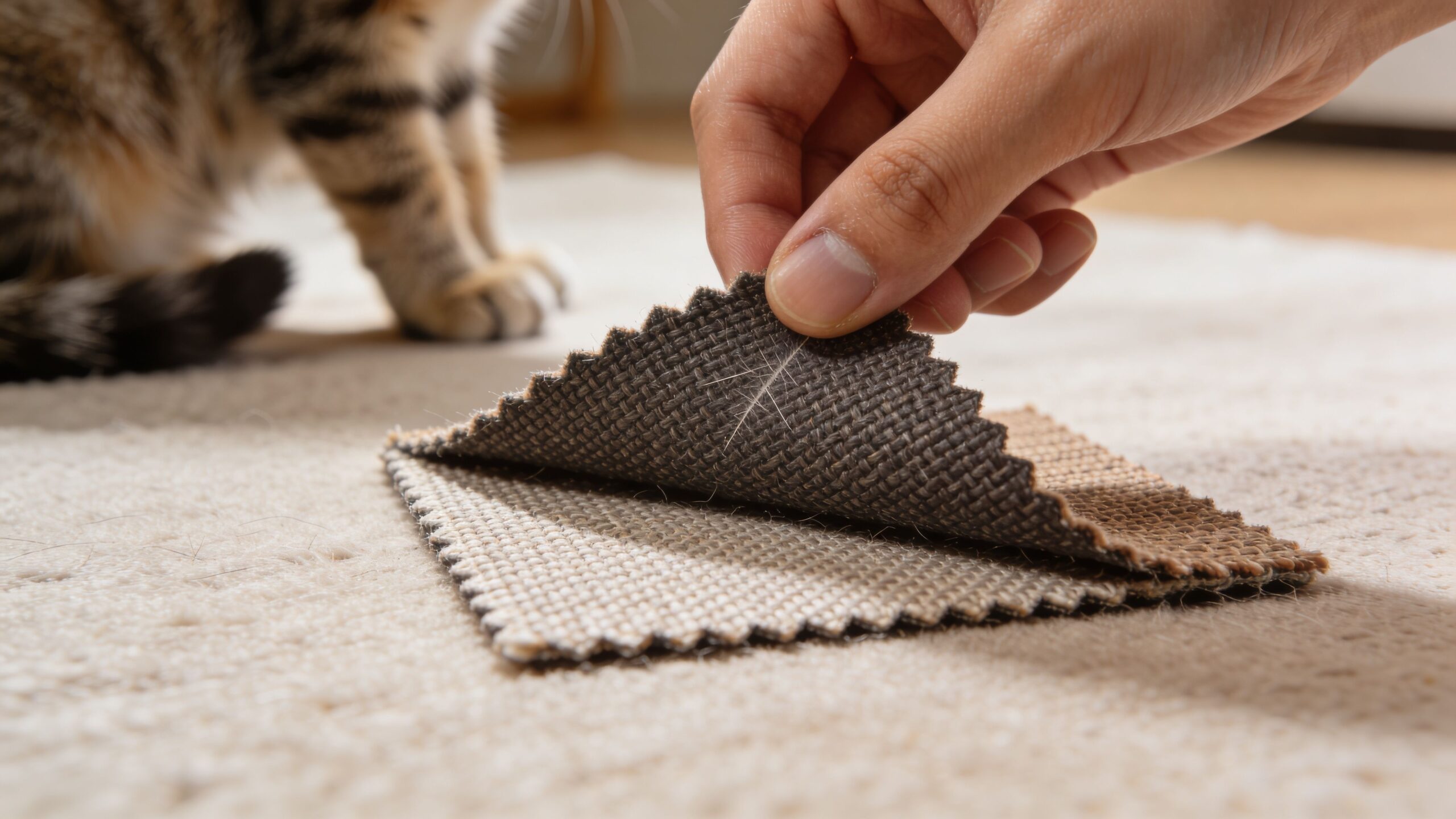 A hand testing durable, pet friendly furniture fabric swatches on a carpet with a cat nearby.