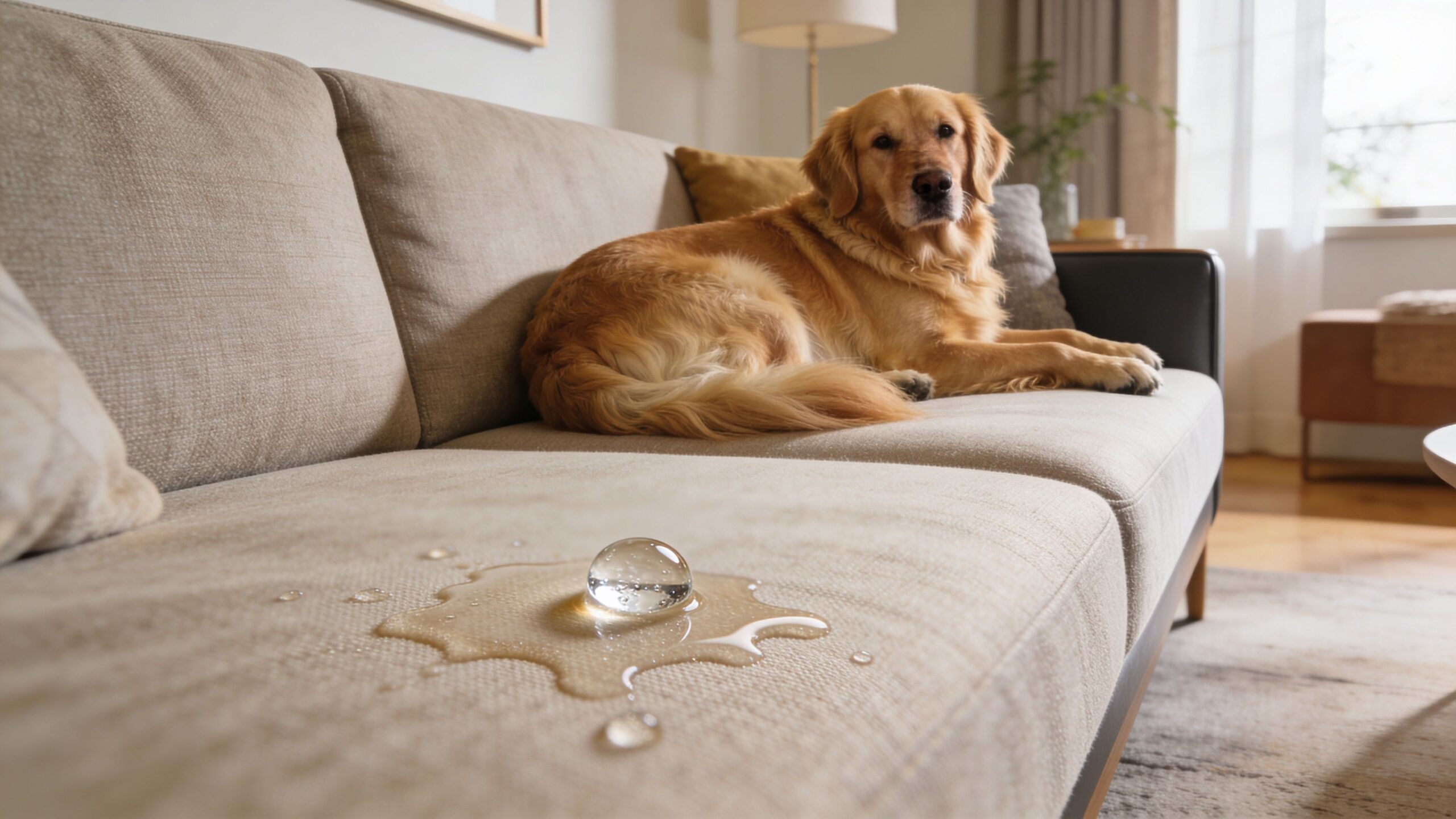 A golden retriever sitting on a beige couch with a liquid spill beading up on the fabric.