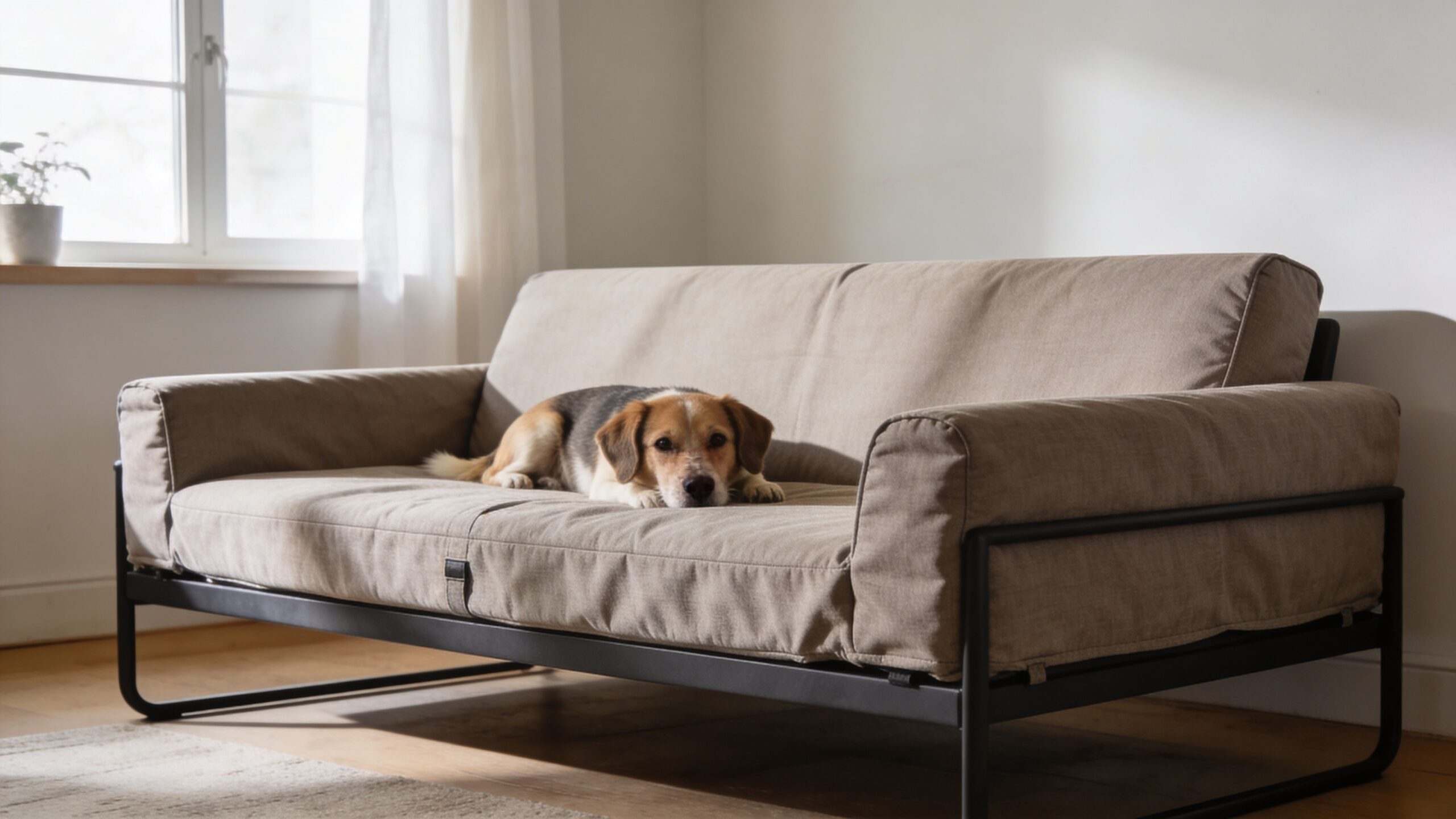 A brown and white dog rests peacefully on a modern, neutral-colored upholstered sofa in a bright living room.