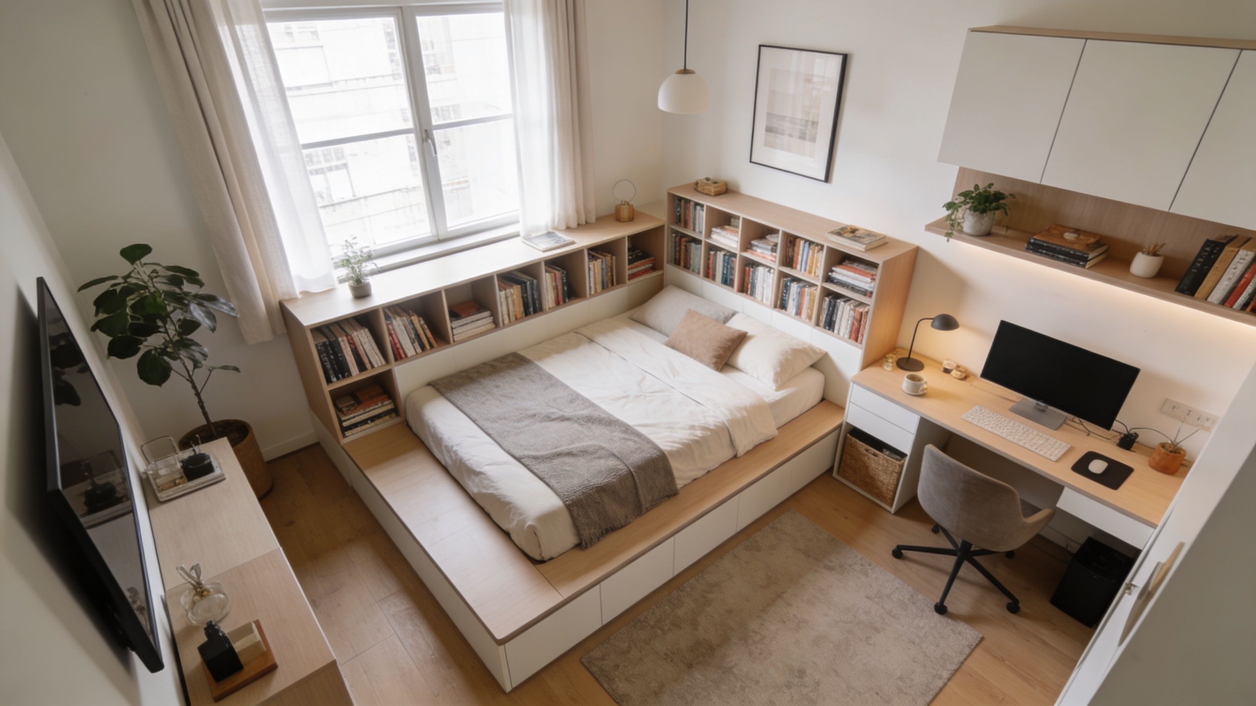 A modern bedroom featuring a custom platform bed with integrated bookcase storage and a clean workspace area.