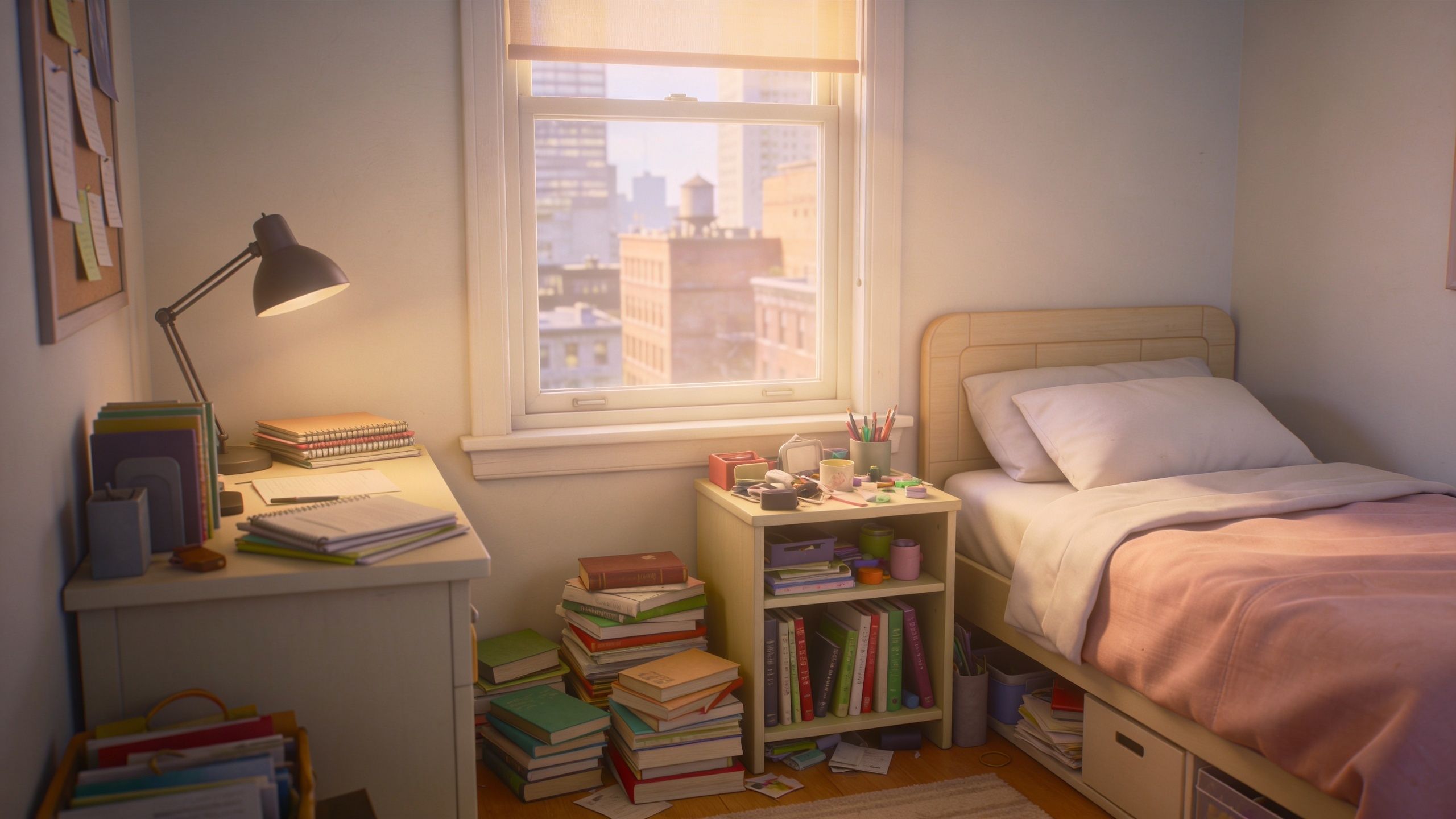 A cozy bedroom with a platform bed, a wooden bookcase, a study desk, and a window view.