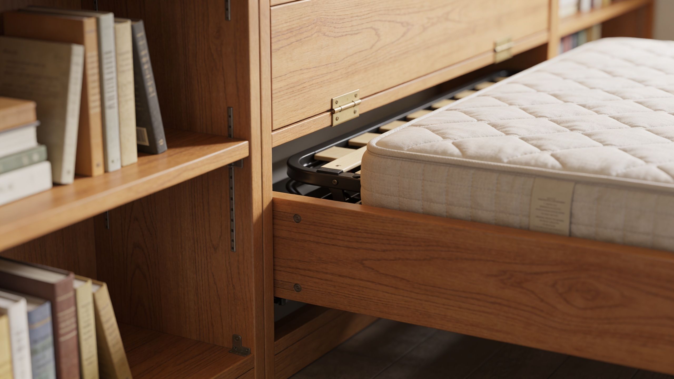 A wooden bookcase with built-in pull-out platform bed featuring a cozy mattress and slatted bed frame.
