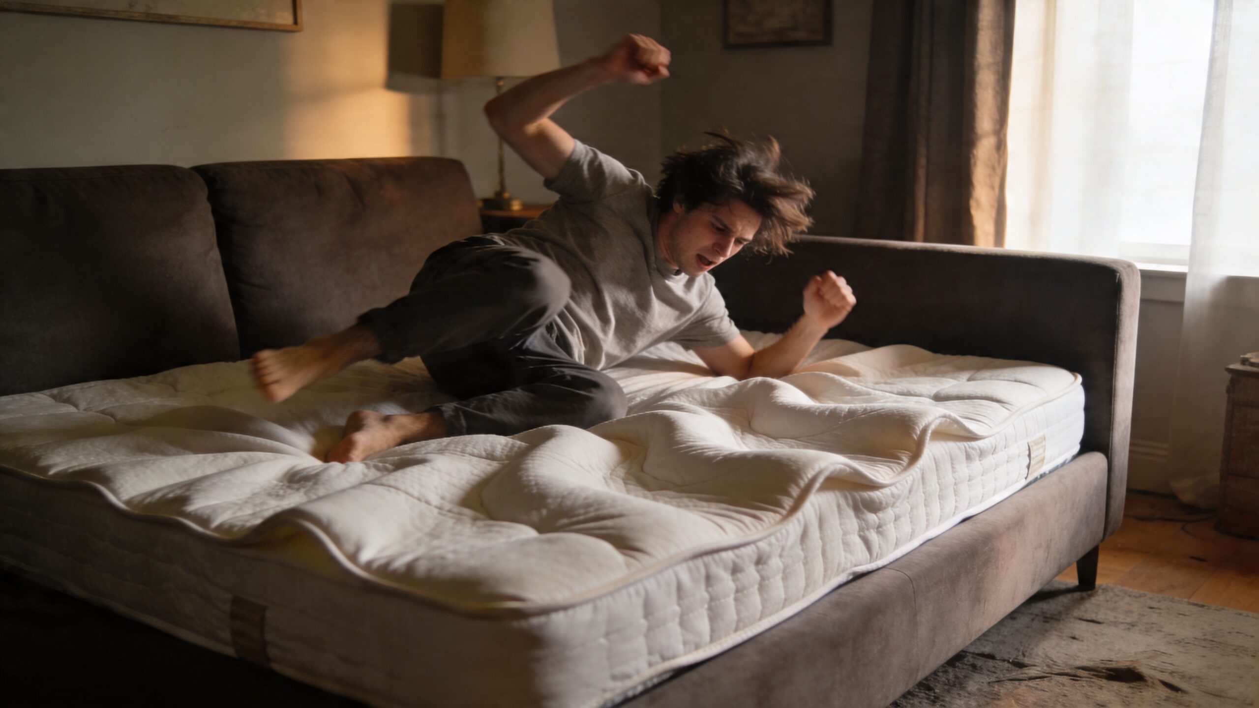 A man enthusiastically jumping onto a comfortable queen size sofa bed mattress in a cozy bedroom setting.