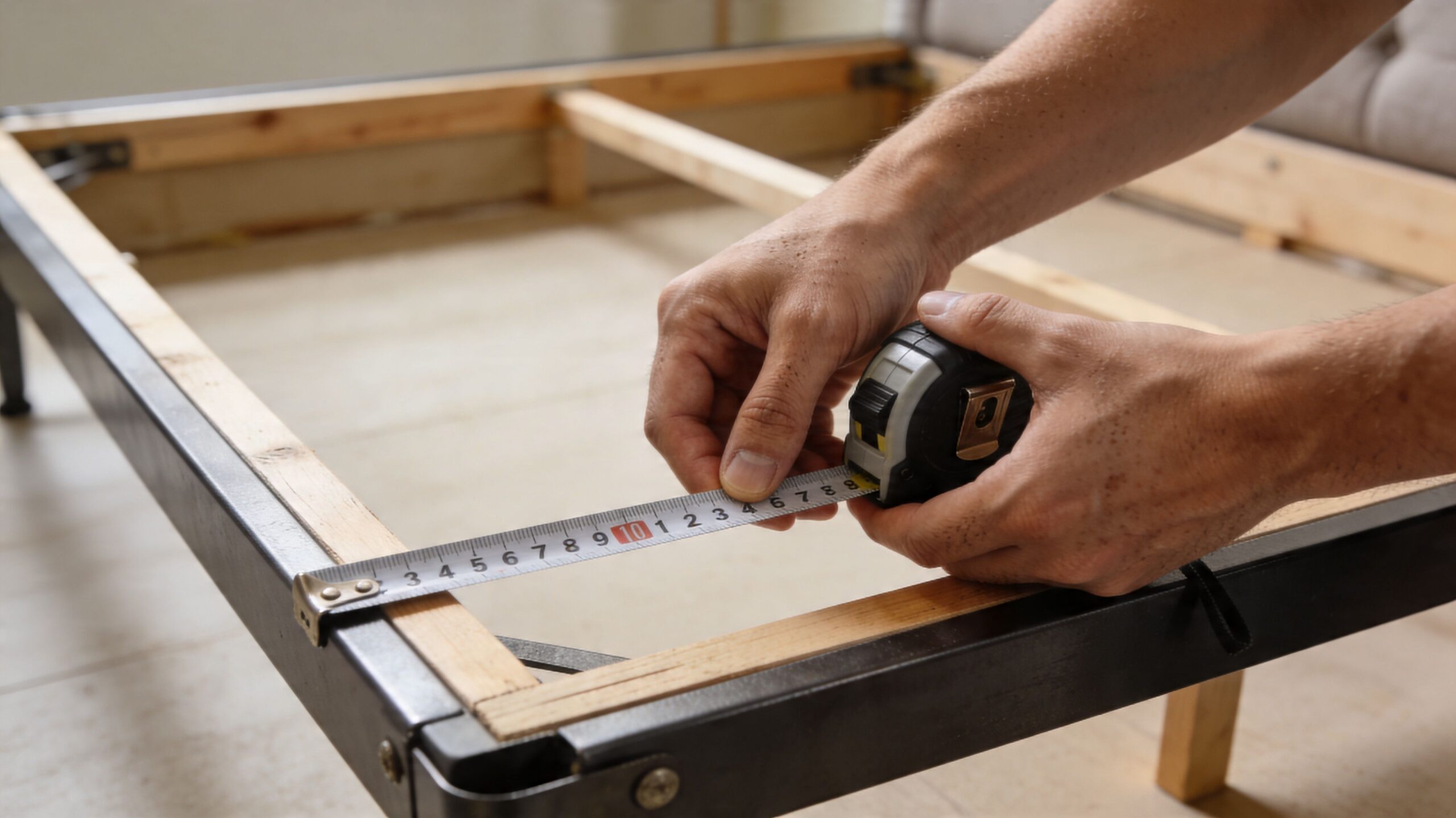 A close-up shot of a person measuring the interior dimensions of a bed frame using a tape measure.