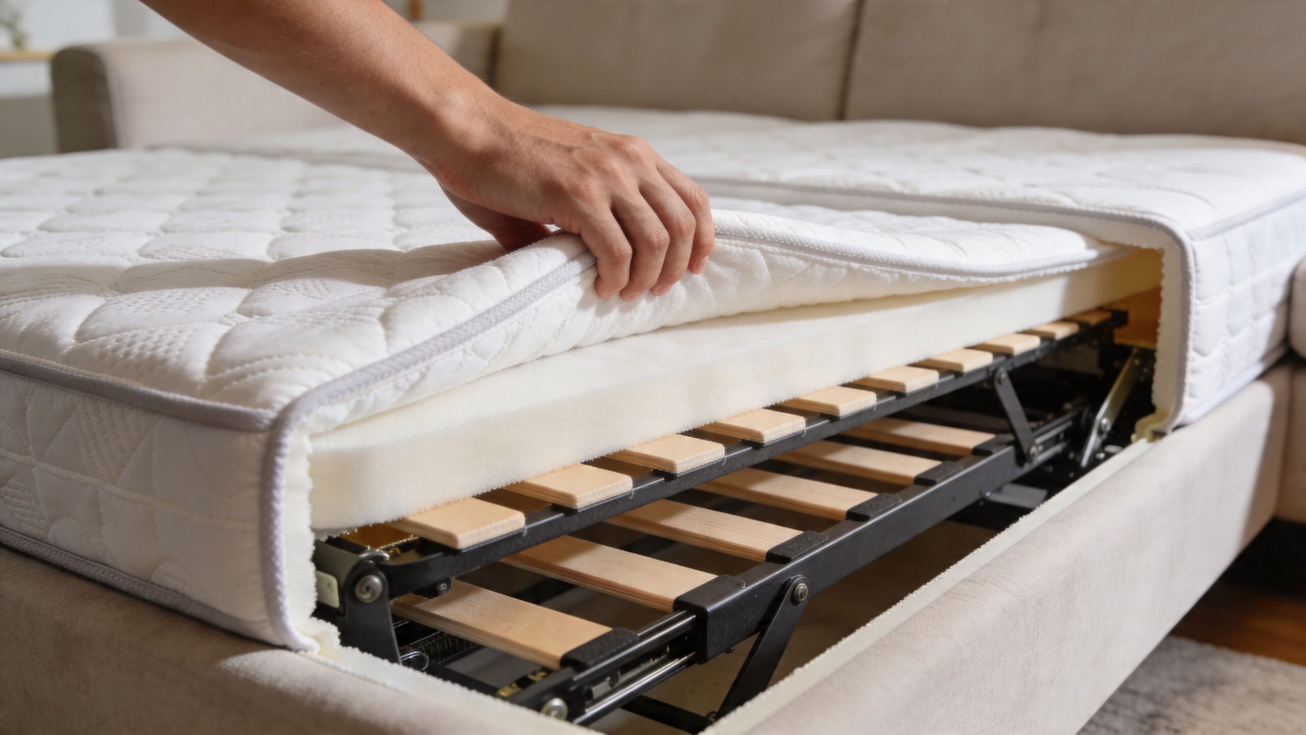 A hand lifting the top layer of a mattress on a sofa bed frame revealing foam