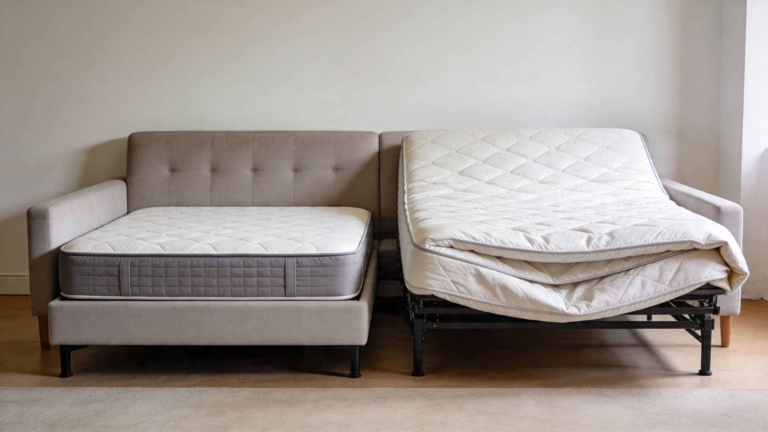 A modern living room setting featuring a beige sofa next to an unfolded pull-out sofa bed mattress.