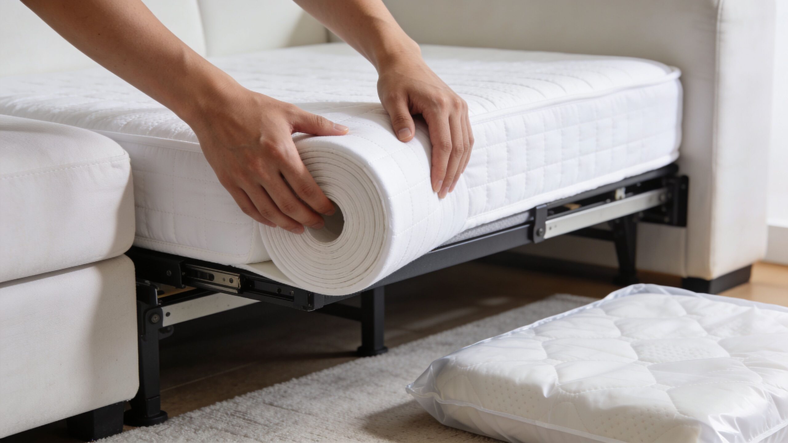A person setting up a white replacement mattress on the metal frame of a pull out couch.