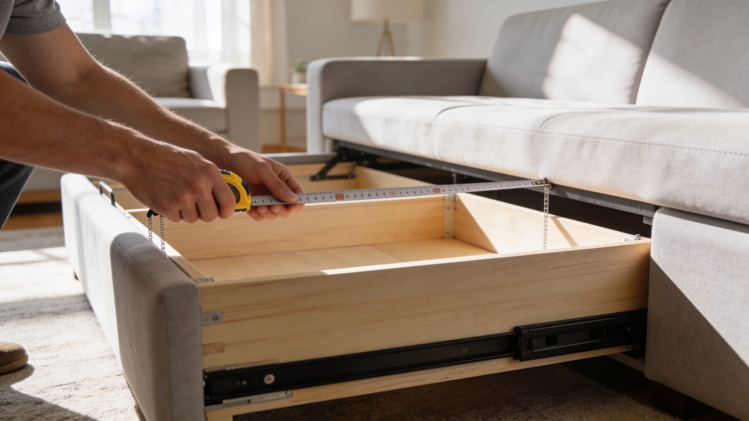 A person measuring the wooden drawer of a modern pull-out couch with a yellow tape measure.