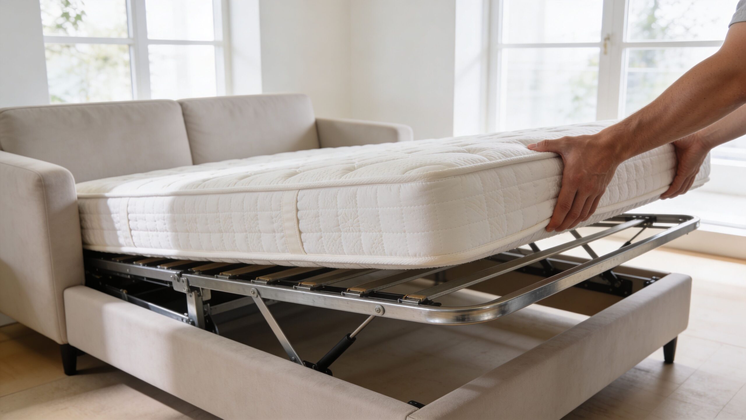 A person lifting the mattress of a convertible pull-out sofa bed to access the storage compartment underneath.