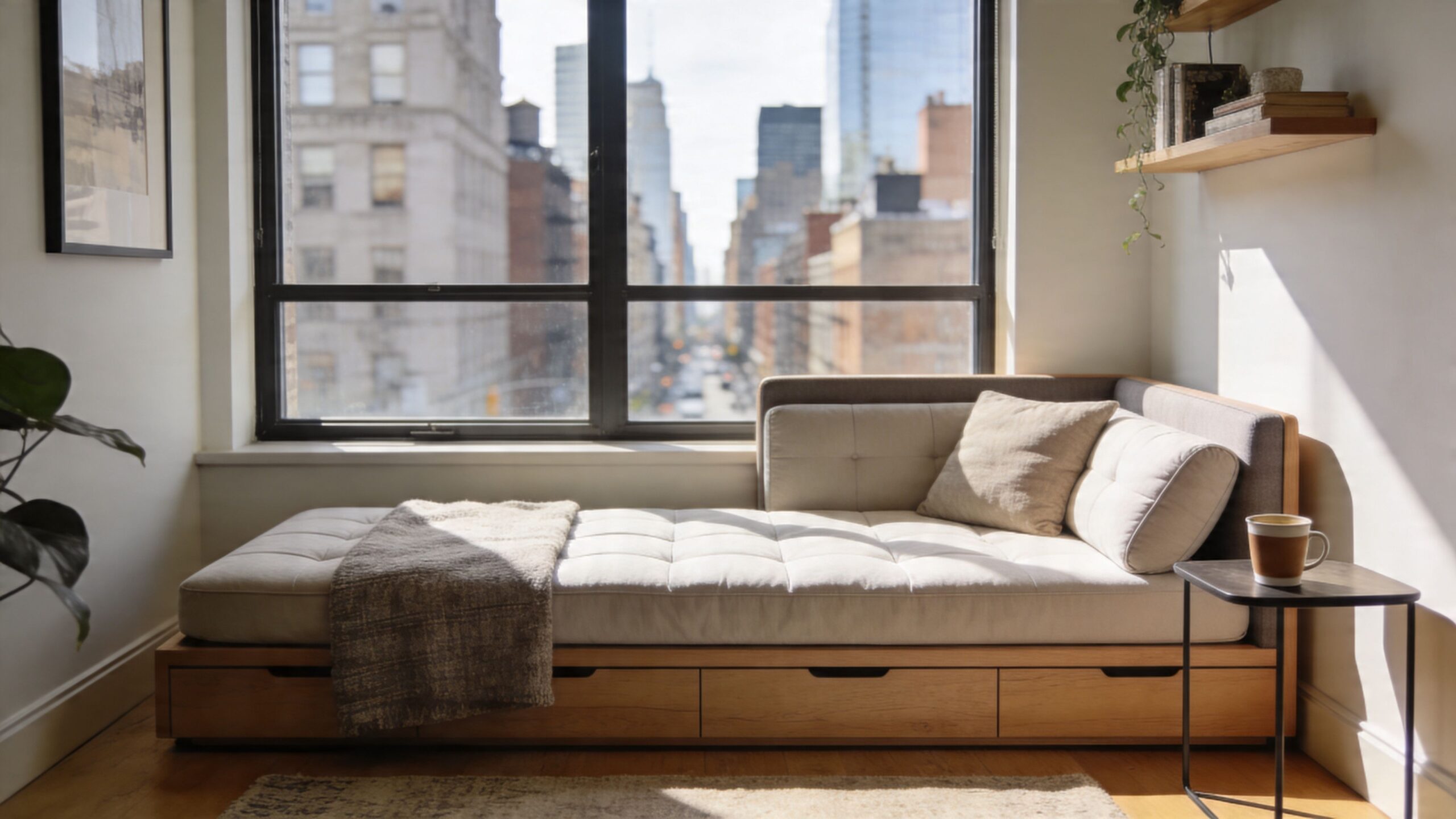 A modern minimalist daybed sofa with storage drawers placed under a large window overlooking a city street.