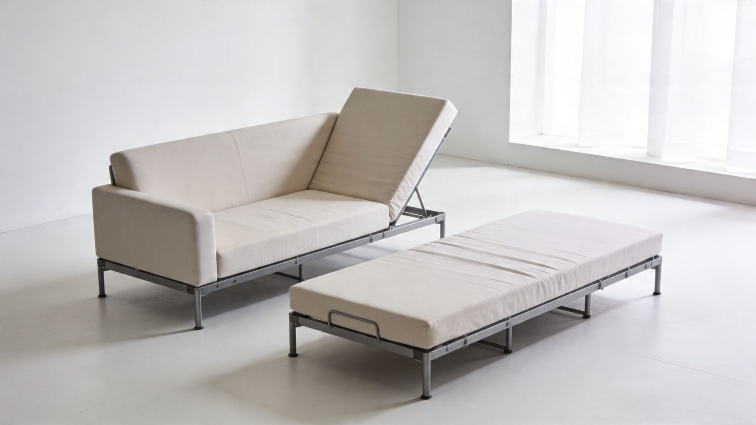 A modern cream-colored futon sofa bed with a detachable matching ottoman in a bright, minimalist room.