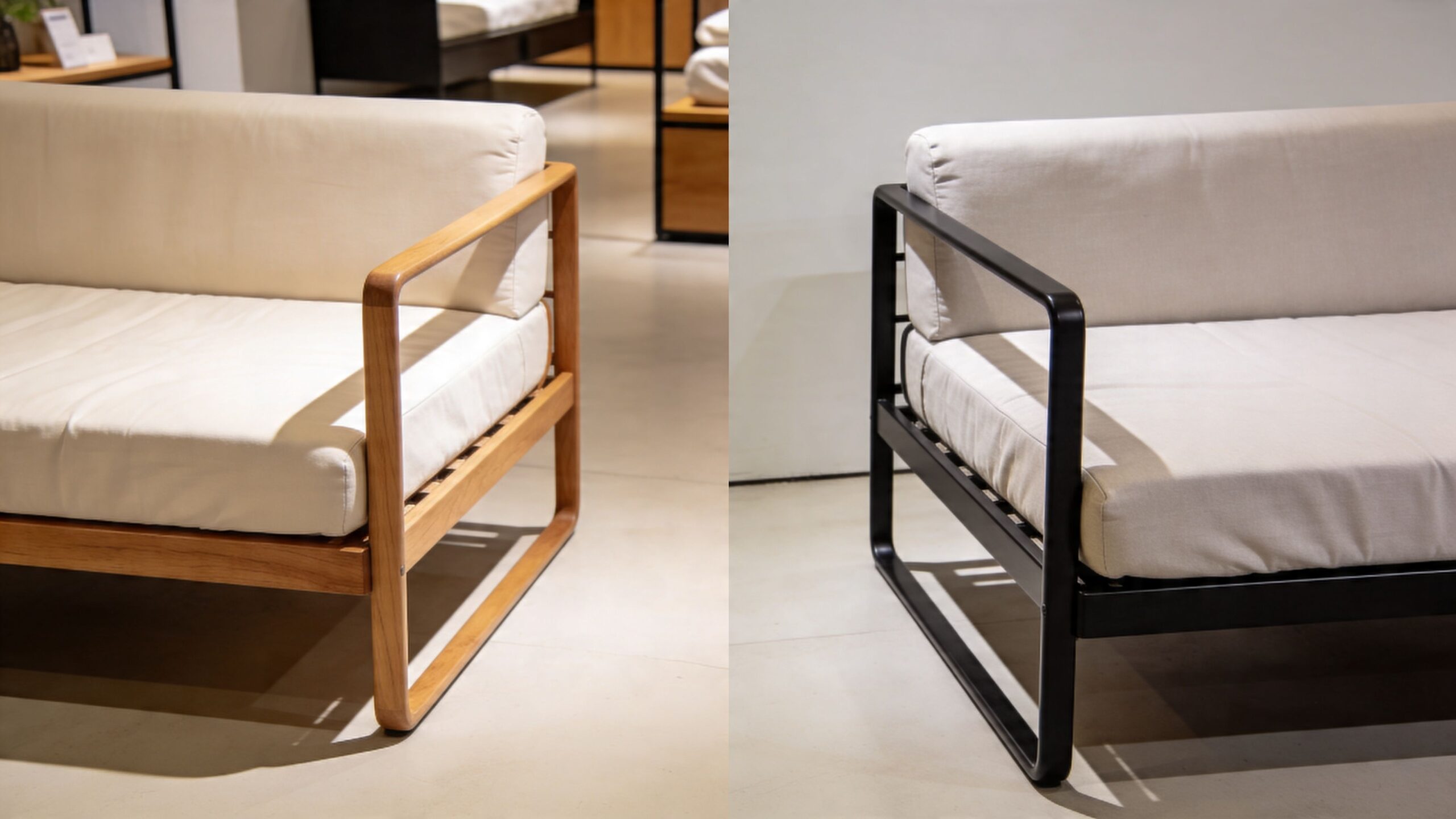 Two modern small futon sofa beds with identical designs, one with a light wood frame and one black frame.