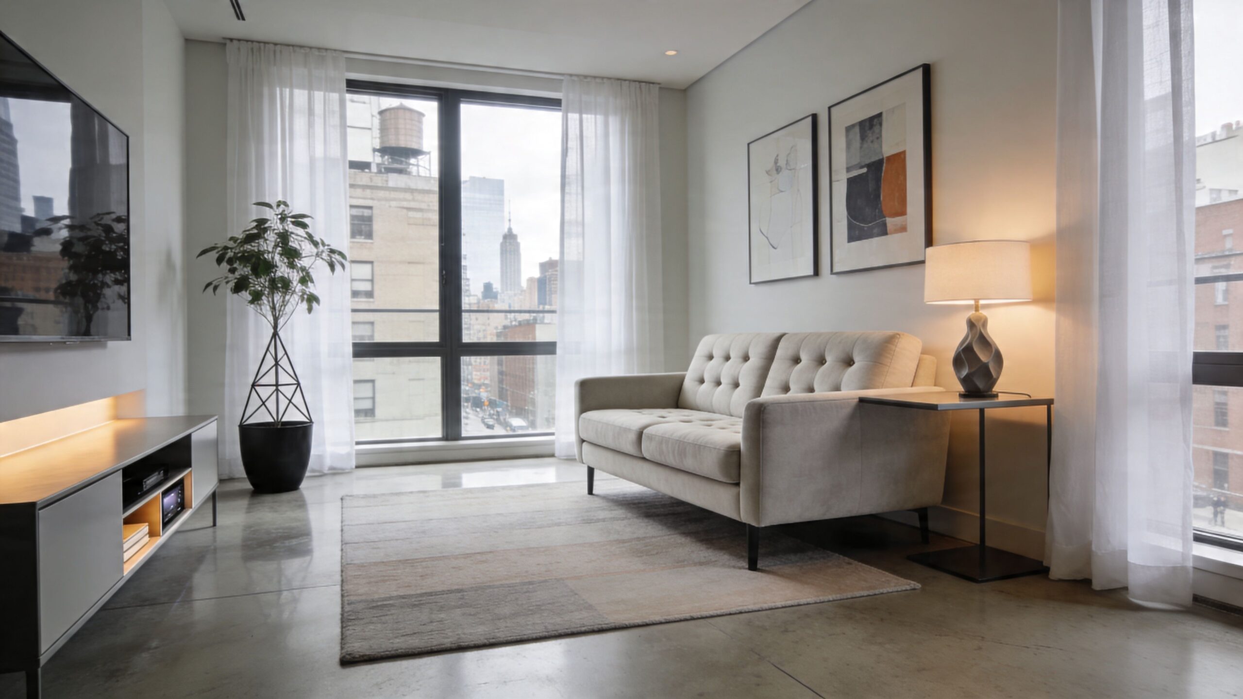 A modern living room featuring a beige tufted sofa set, concrete floors, and city views through large windows.