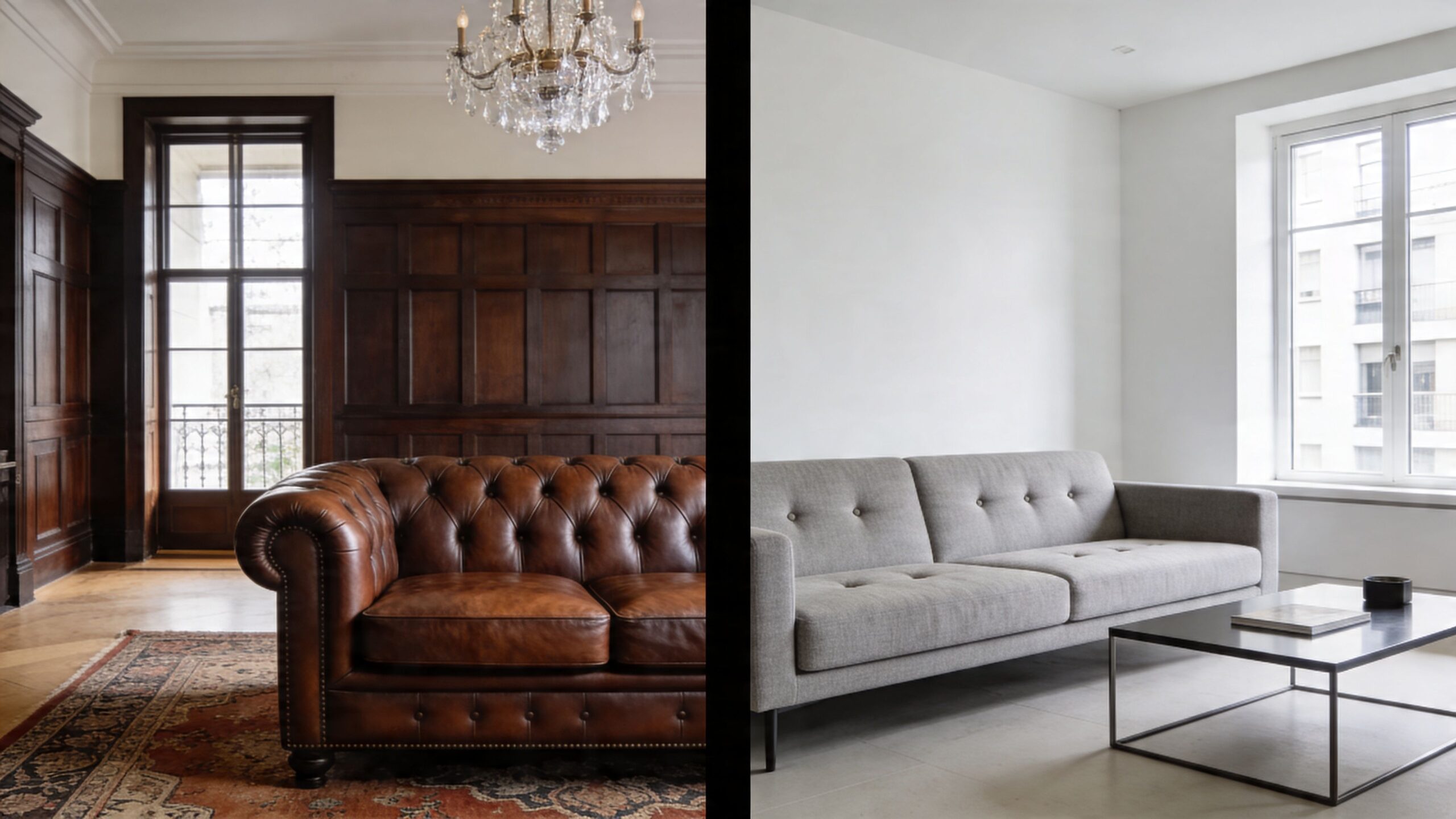 A split screen comparing a traditional room with a leather tufted sofa against a modern room with a grey sofa.