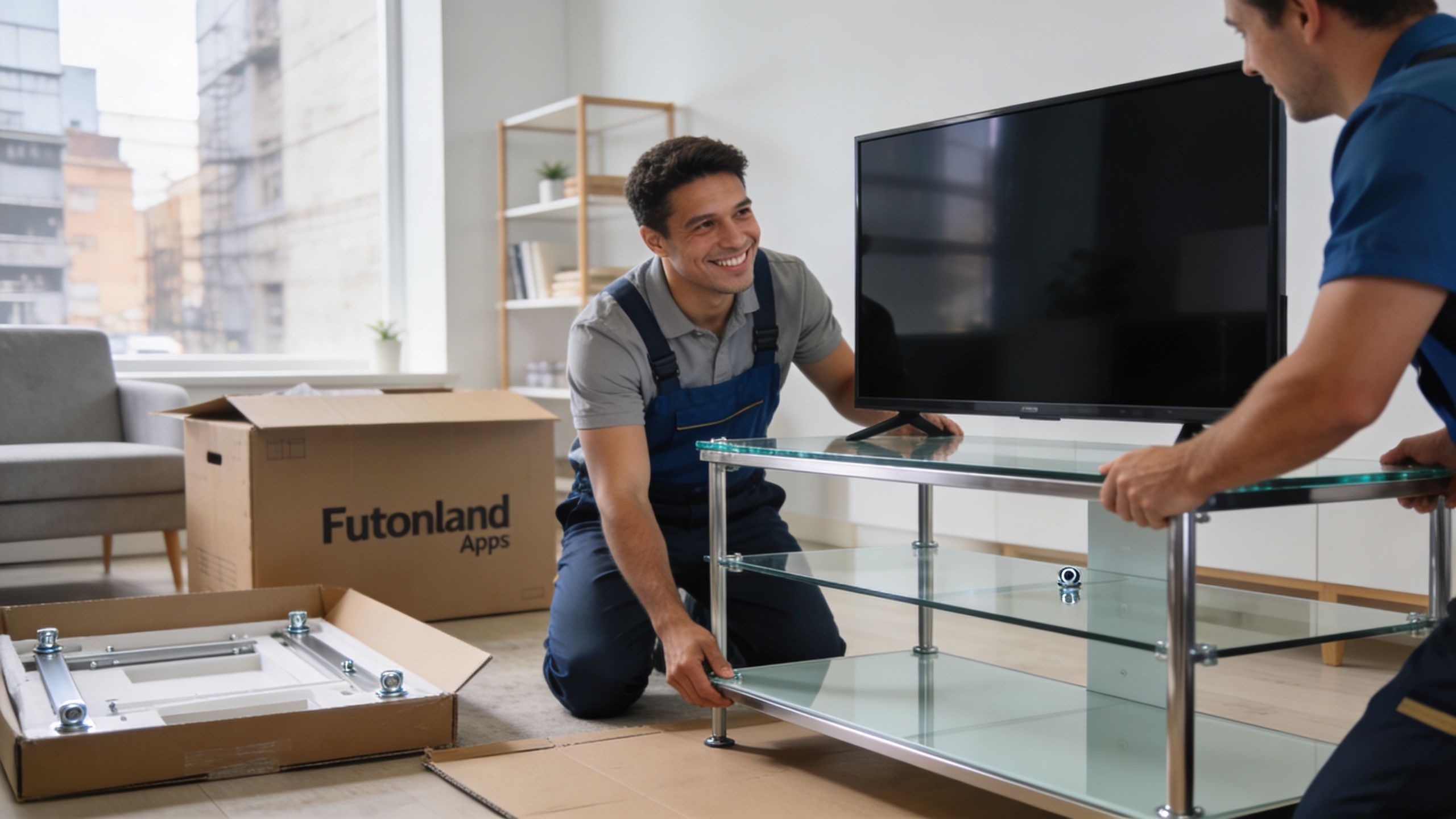 Two professionals in blue uniforms are carefully assembling a modern glass TV stand in a bright room.