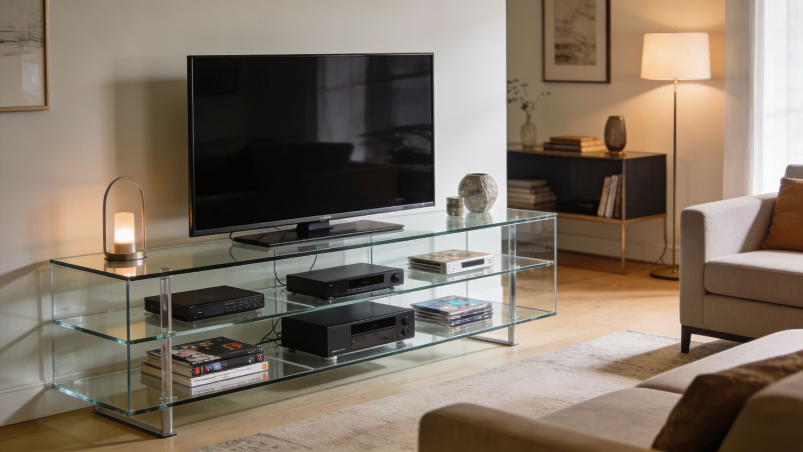 A sleek modern glass television stand displaying home media equipment and books in a bright living room.