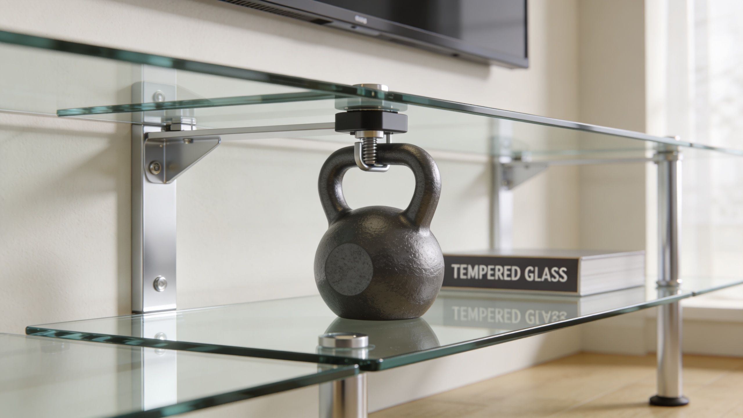 A black kettlebell hanging from a modern glass shelf unit in a bright, contemporary living room.