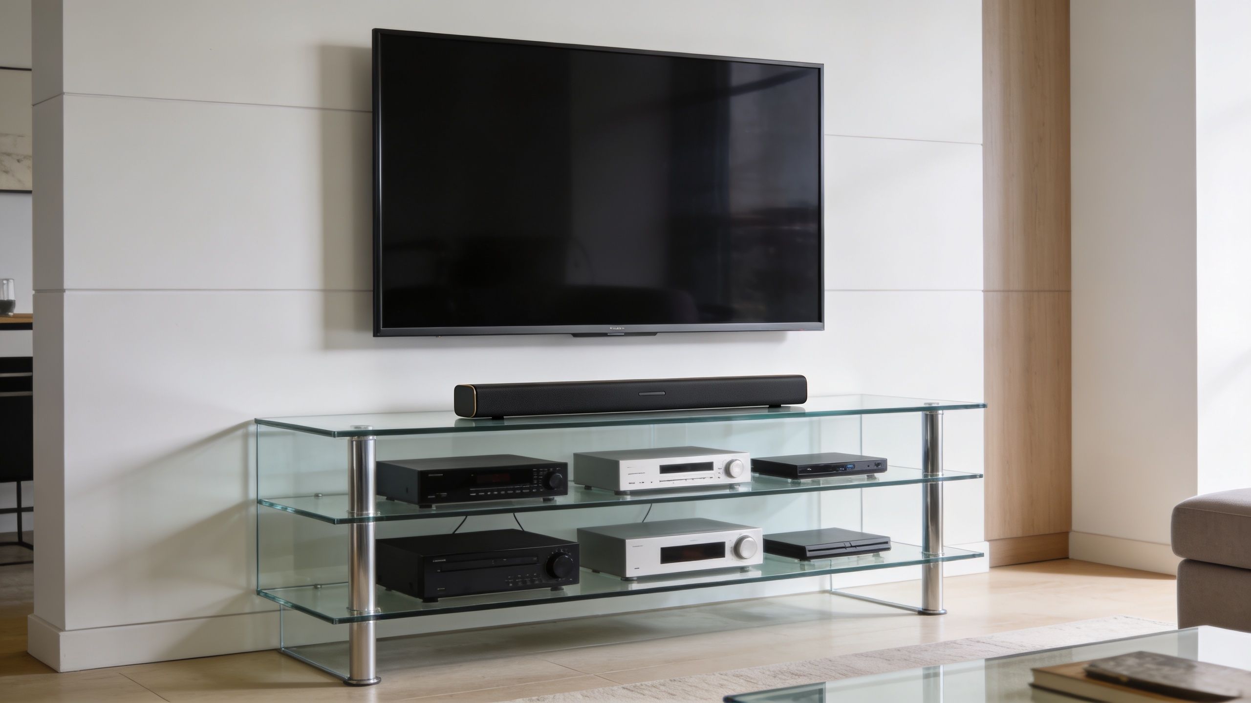 A modern living room interior featuring a wall-mounted flat-screen television above a glass tv console with shelves.