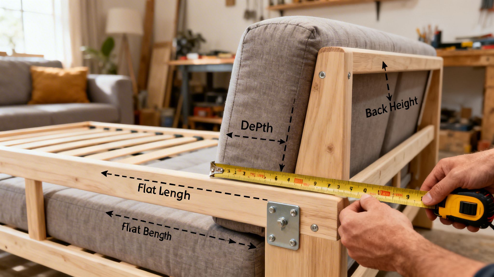 A person measures the dimensions of a futon mattress and wooden frame with a tape measure.