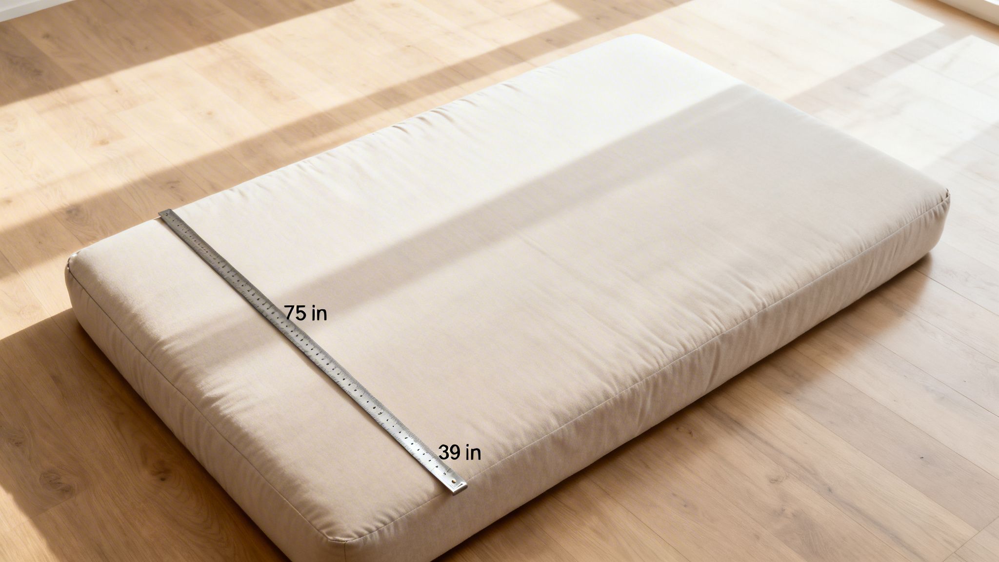 Beige futon mattress on a wooden floor with a ruler showing 75 inches length and 39 inches width.