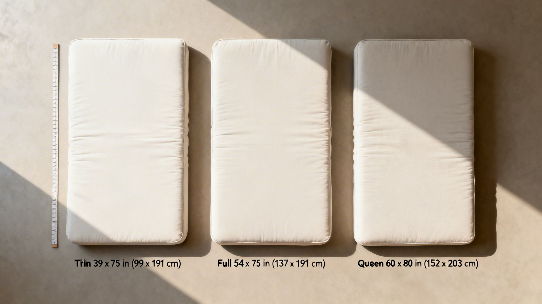 Overhead view of three off-white futon mattresses: Twin, Full, and Queen, with dimensions labeled.
