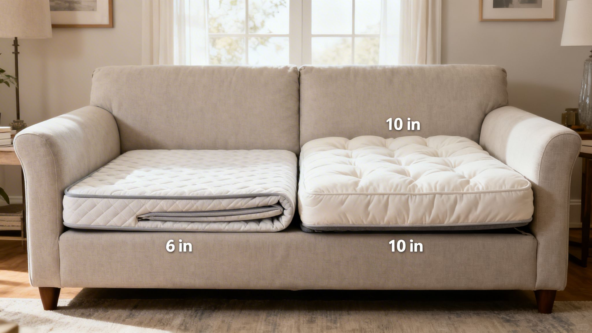 Two futon mattresses on a sofa, showing a 6-inch folded mattress and a 10-inch tufted mattress.