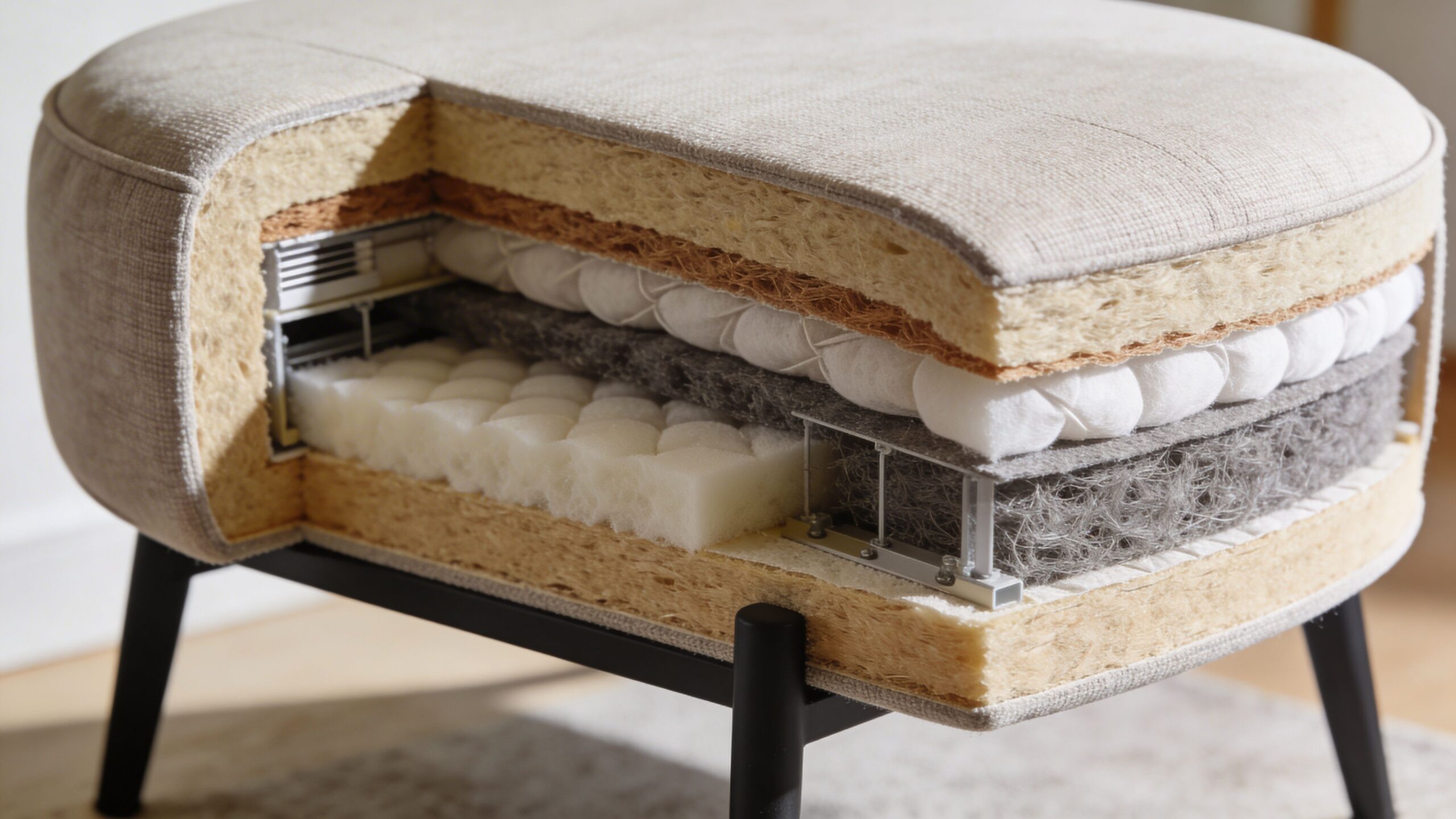 A cross-section view showing the internal construction, foam, and padding layers of a modern round pouf chair.