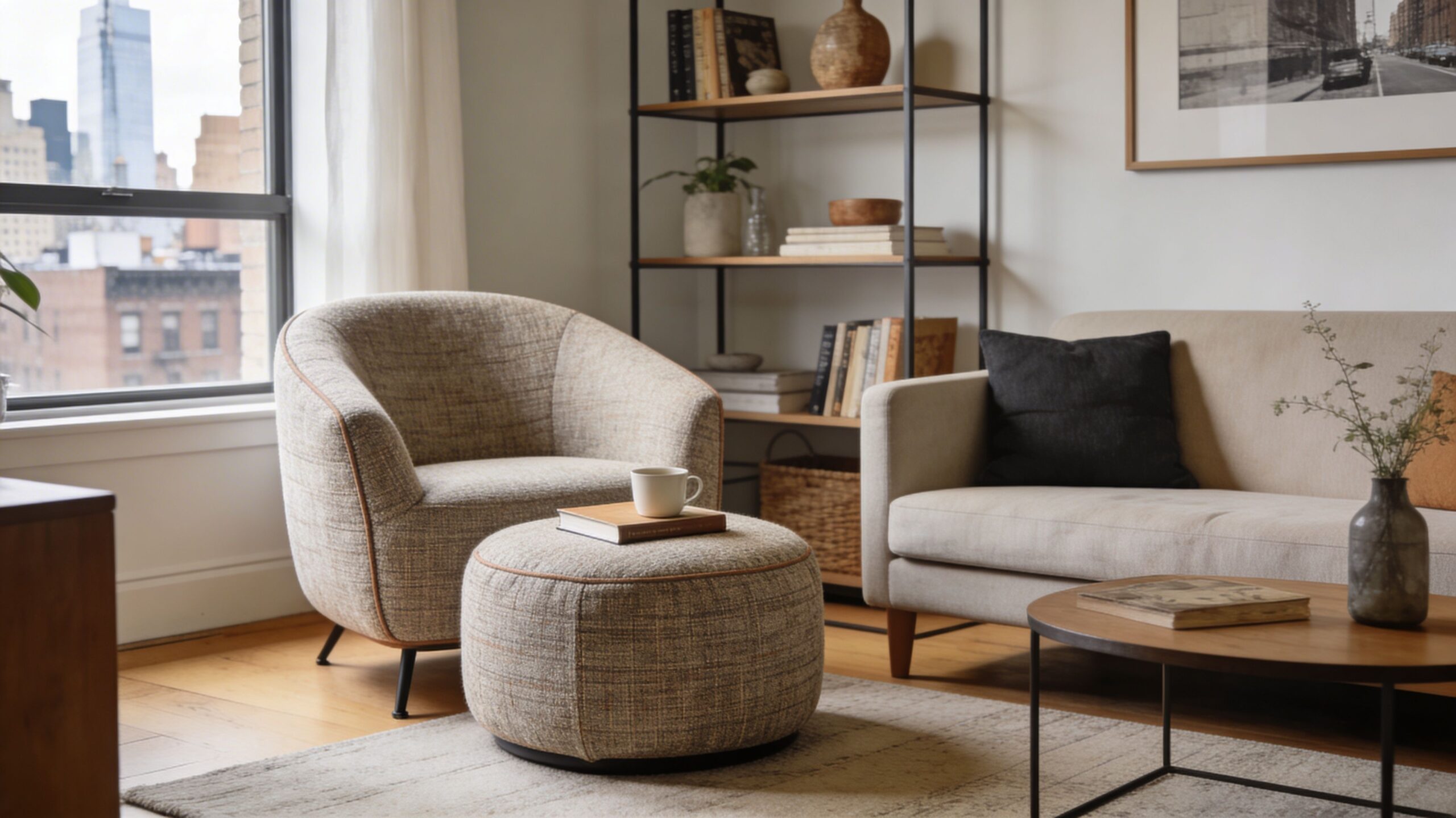 A cozy living room featuring a patterned fabric armchair with a matching circular ottoman in the center.