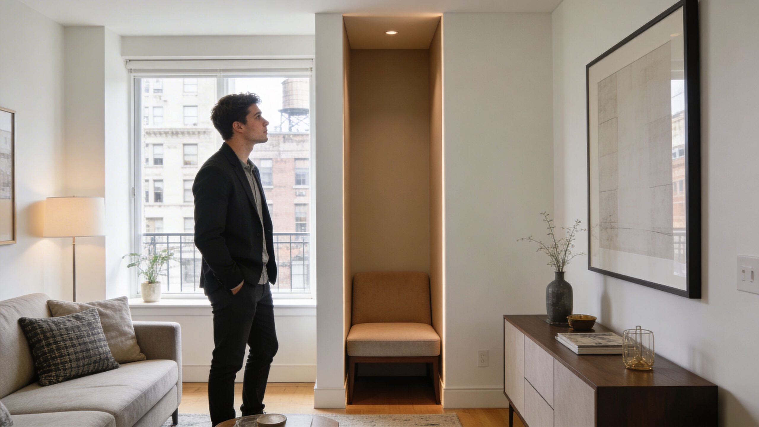 A man stands in a minimalist living room next to a cozy recessed chair in a nook.