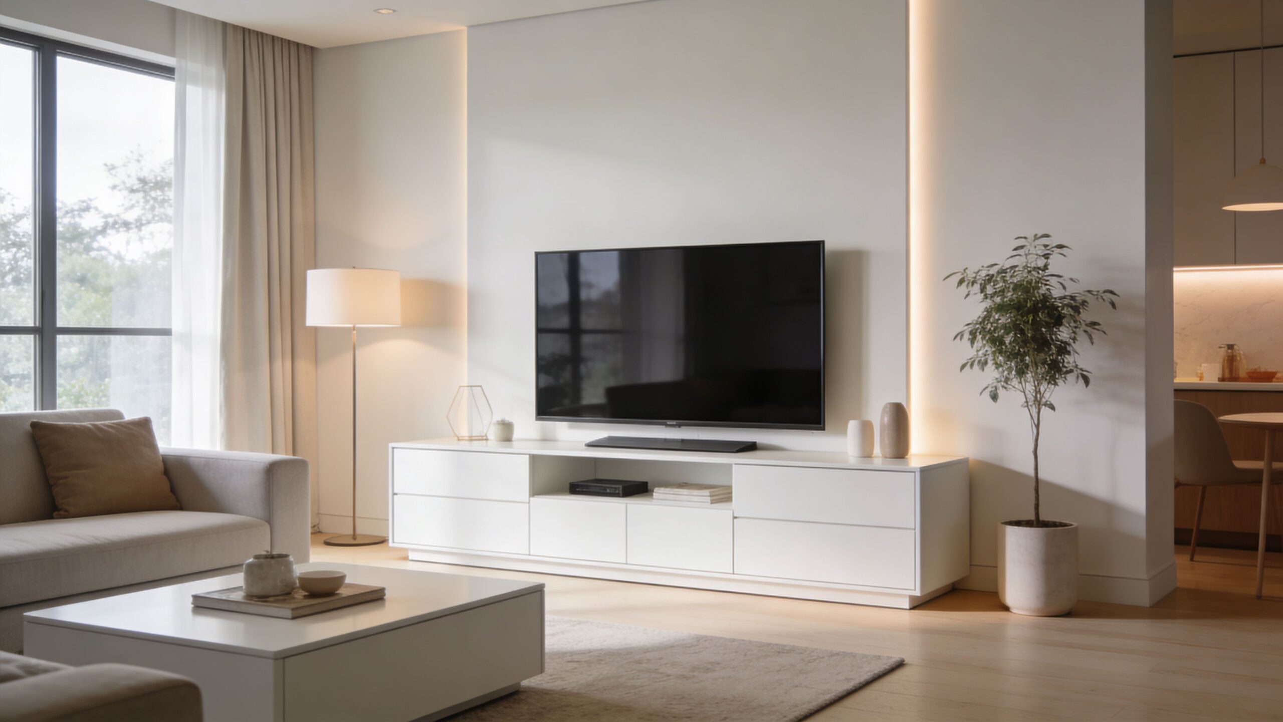 A modern, minimalist living room featuring a flat screen television mounted above a sleek white TV cabinet.