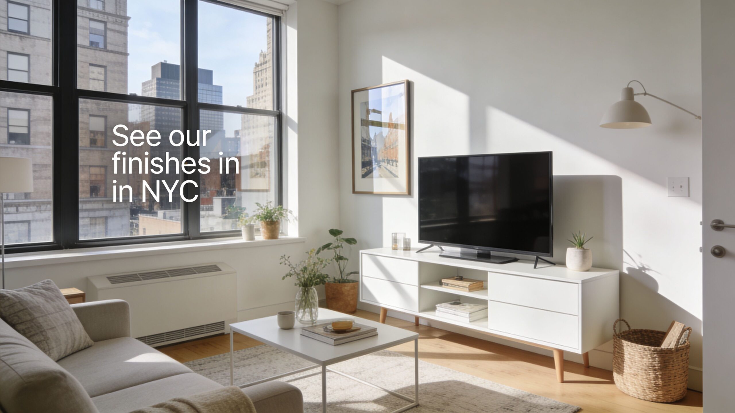 A modern NYC apartment living room featuring a white TV console, a cozy couch, and bright windows.