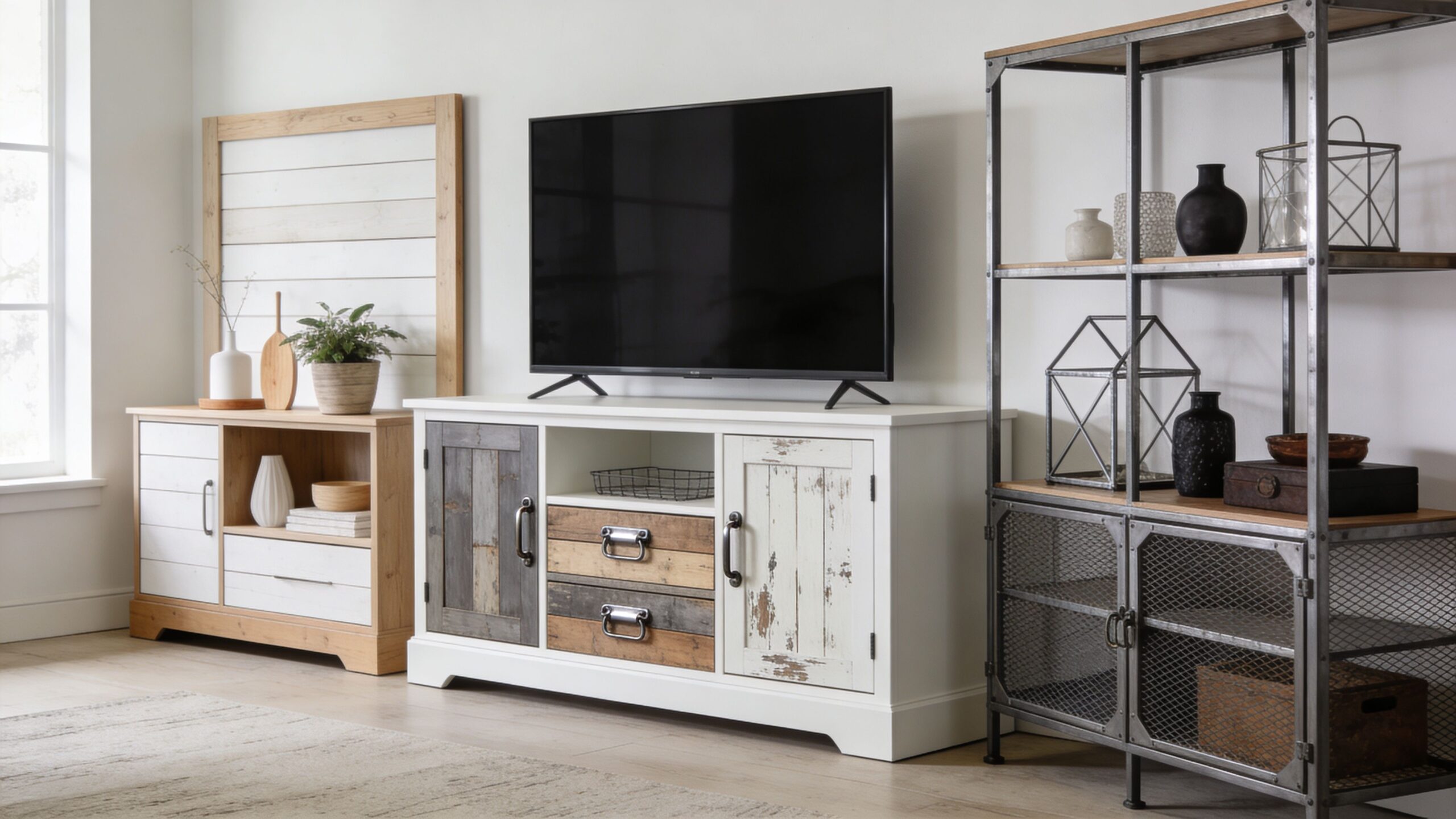 A rustic living room featuring white TV cabinets with wooden accents and a metal shelving unit.