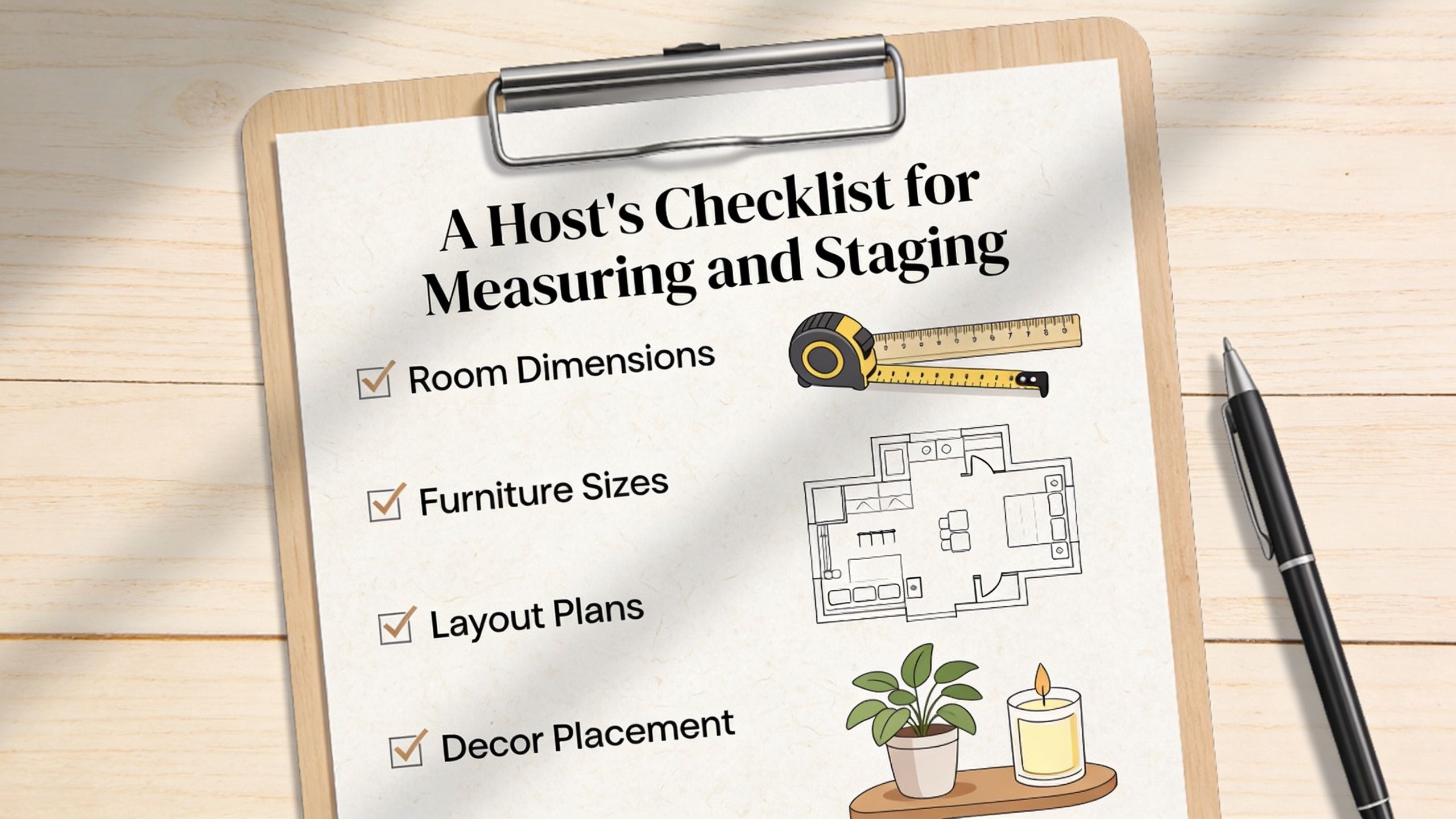 A clipboard with a checklist titled A Host's Checklist for Measuring and Staging on a wooden desk.