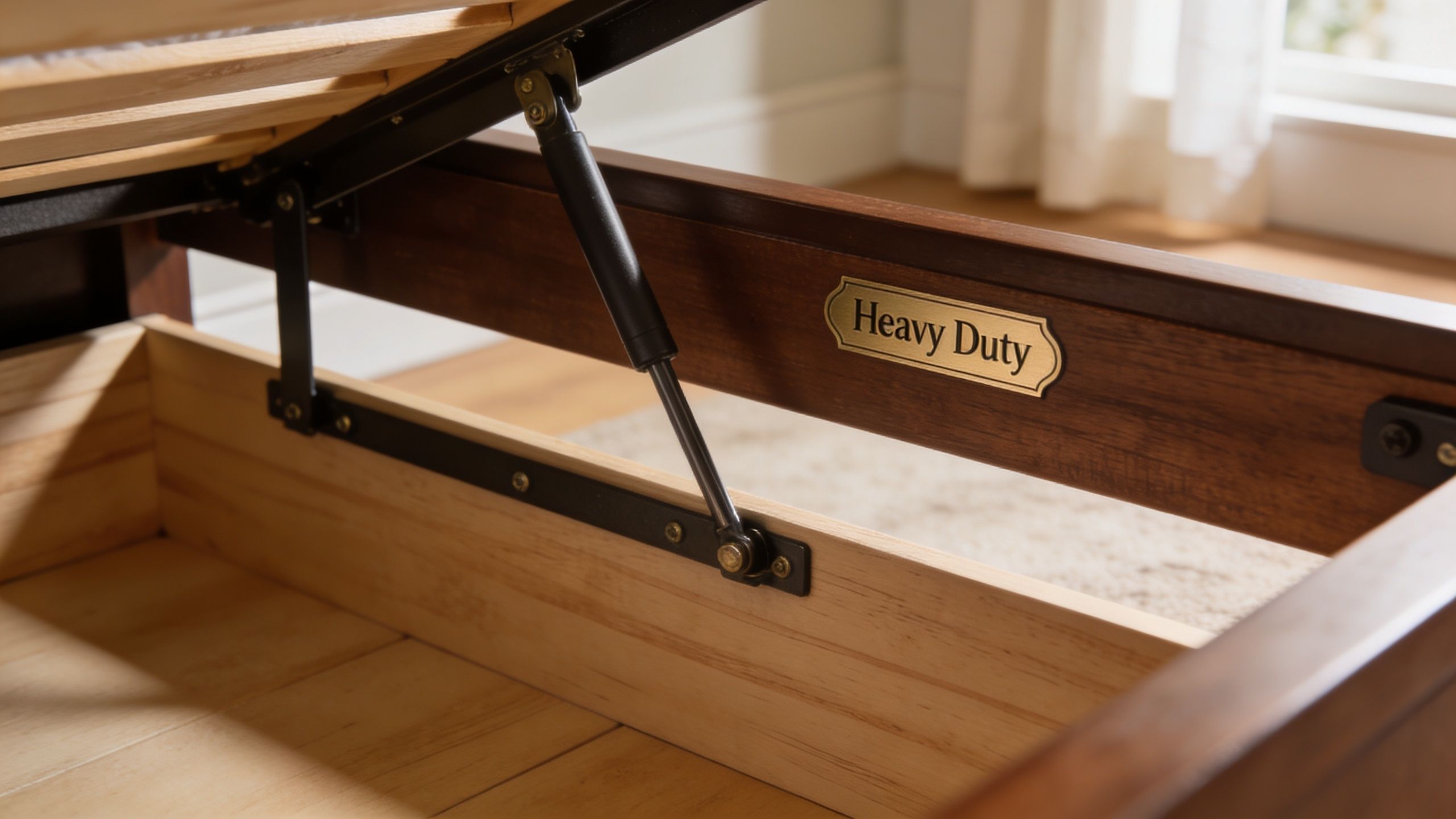 A close-up view of the hydraulic lifting mechanism and heavy-duty frame inside a storage bed.