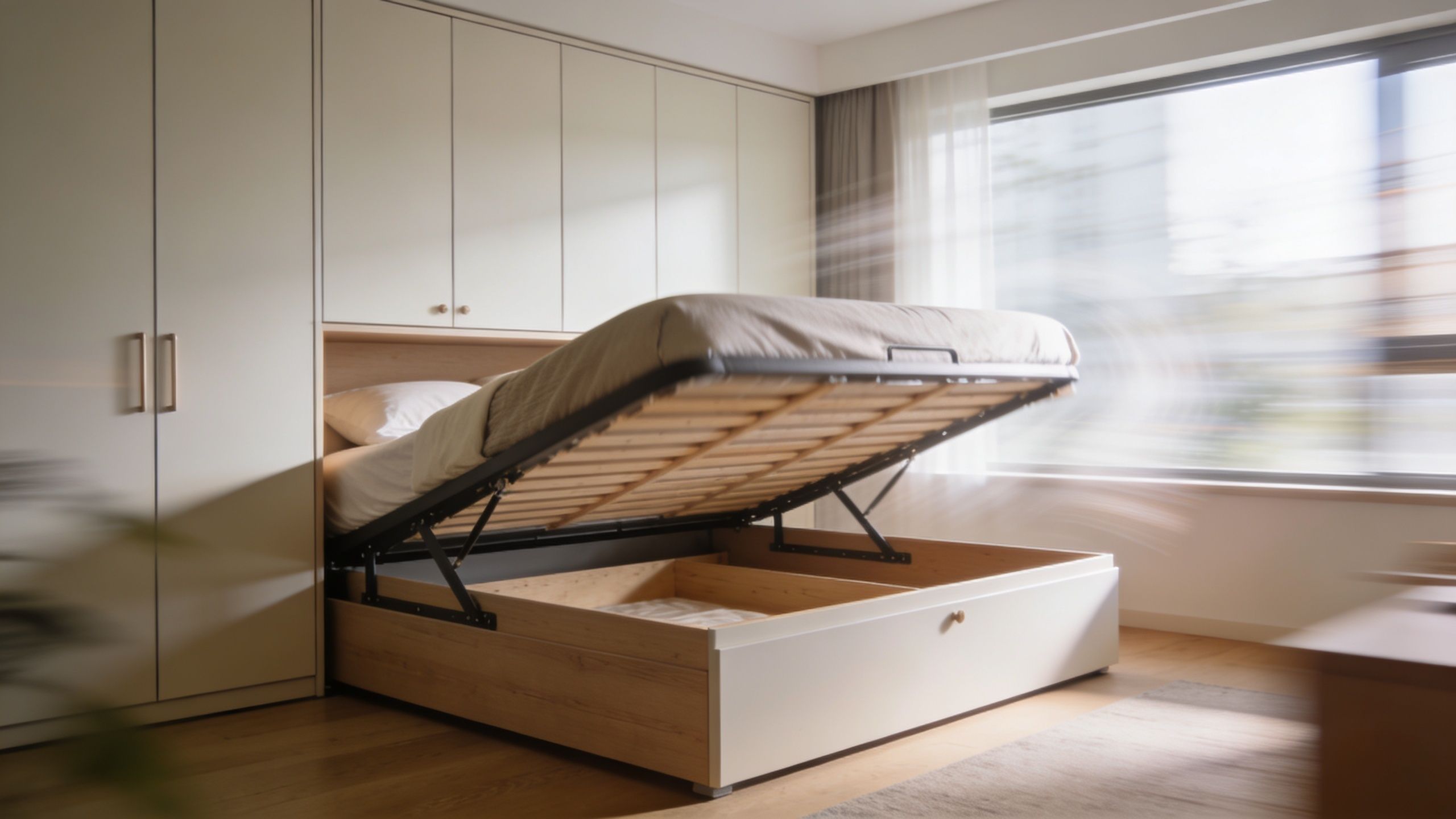 A modern bedroom with a space-saving hydraulic storage bed frame lifted open in a contemporary apartment.