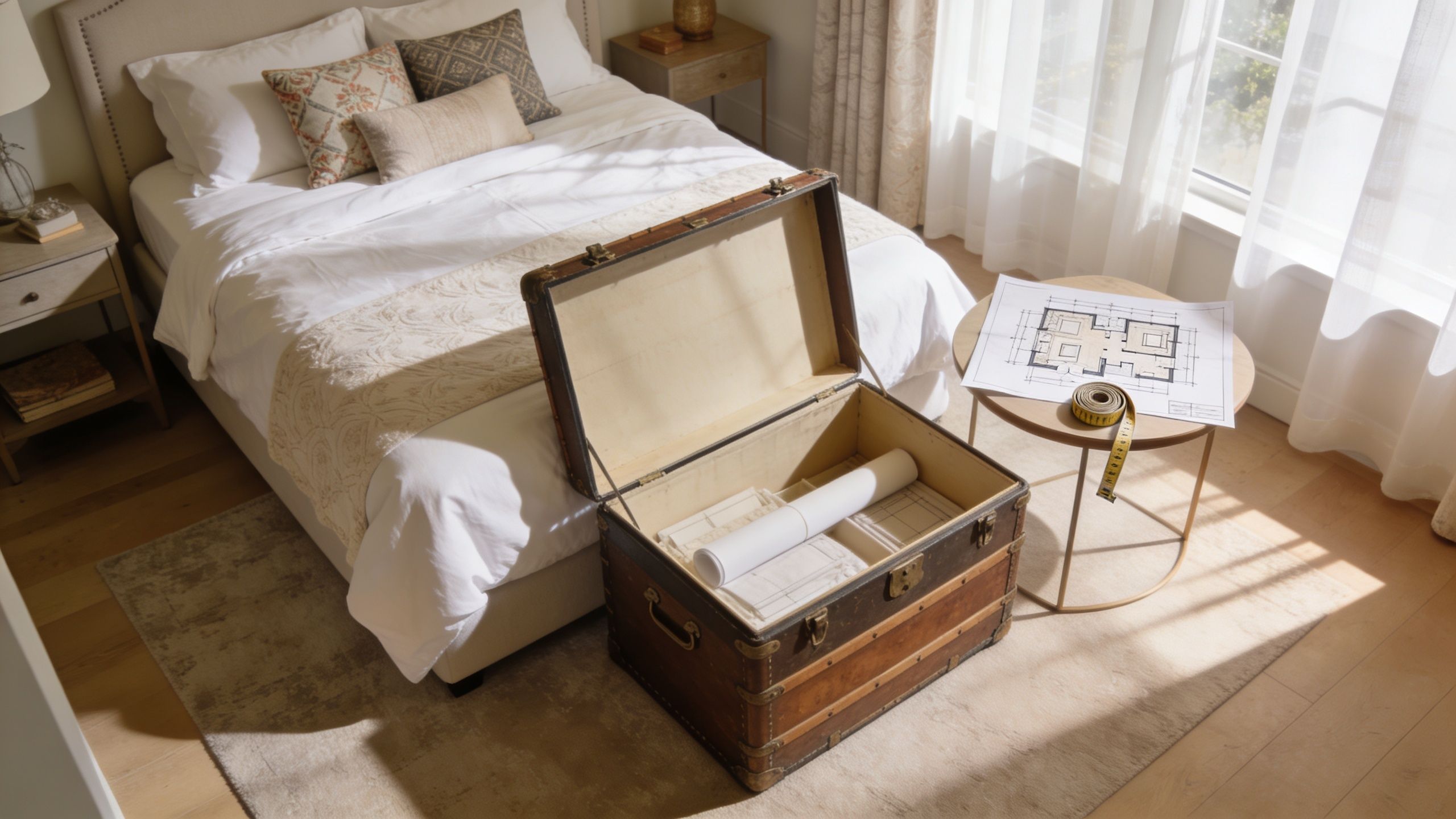 A rustic vintage wooden trunk sits at the foot of a bed in a bright bedroom.