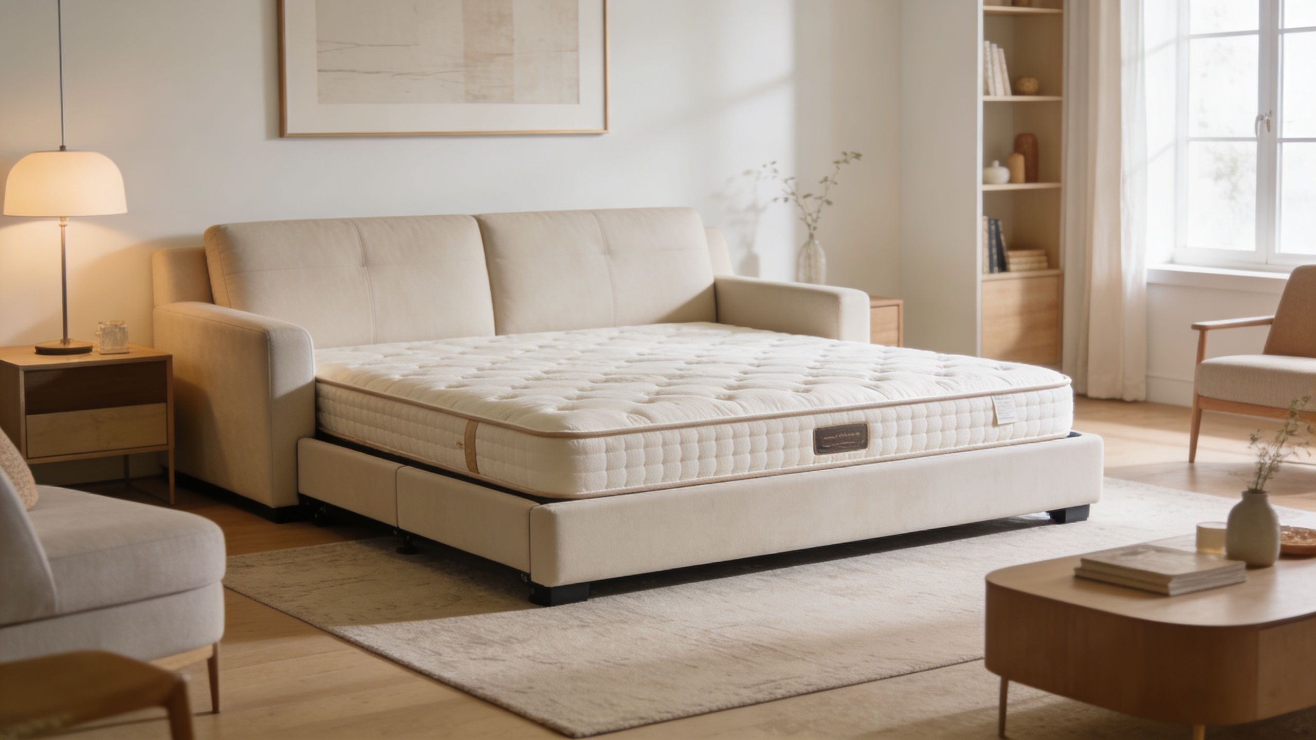 A beige modern sofa bed extended into a mattress in a bright, minimalist living room with wooden furniture.