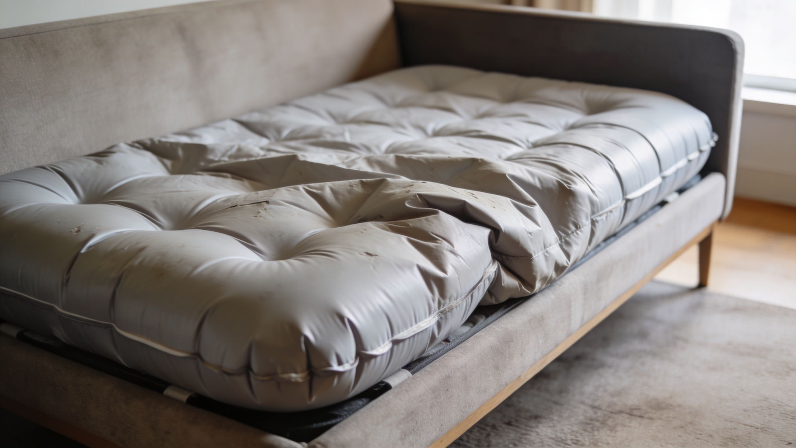 A gray blow-up mattress placed on a light-colored sofa bed frame in a living room.