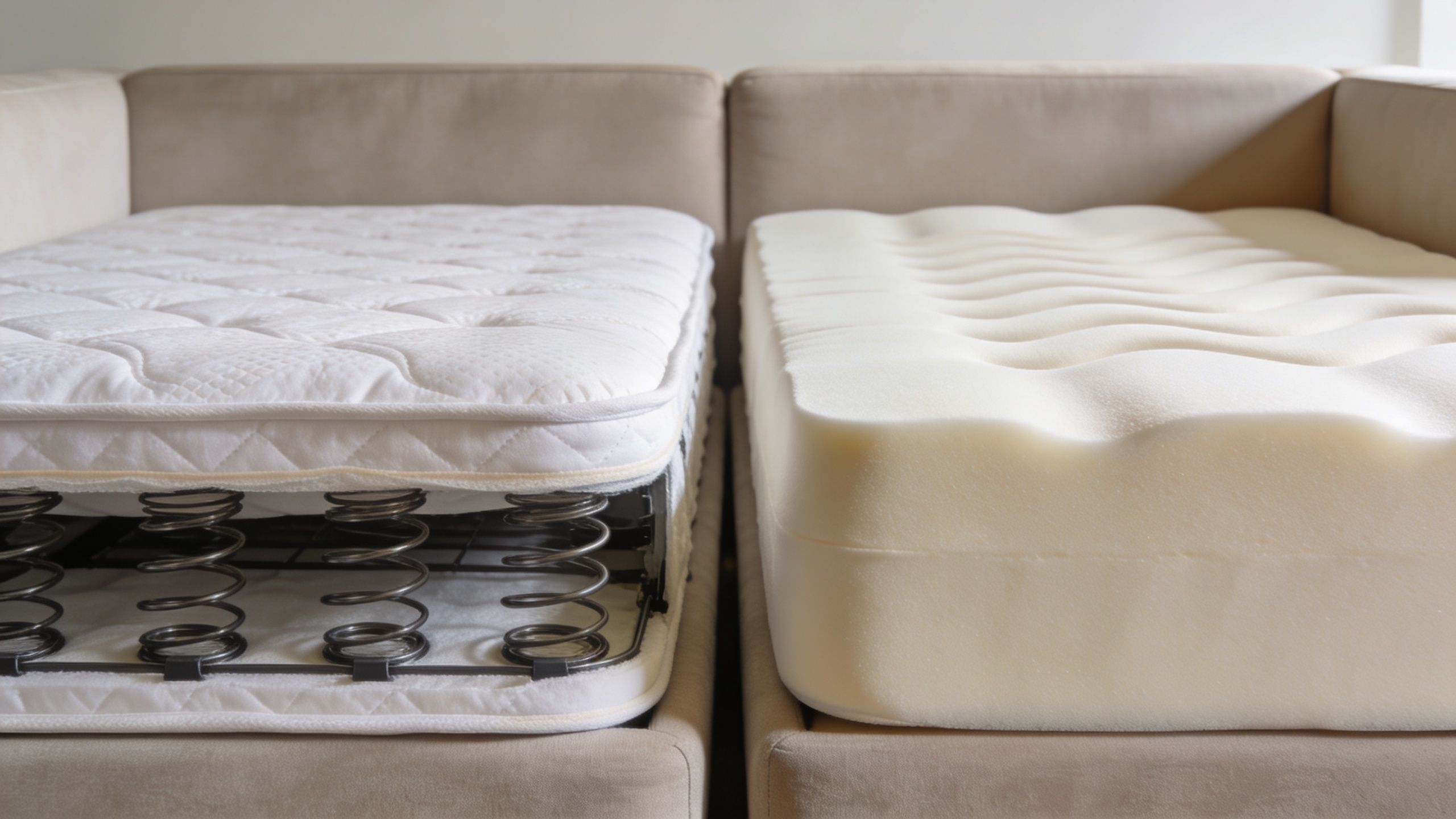 A split view showing a mattress with metal springs and a foam mattress on a sofa.