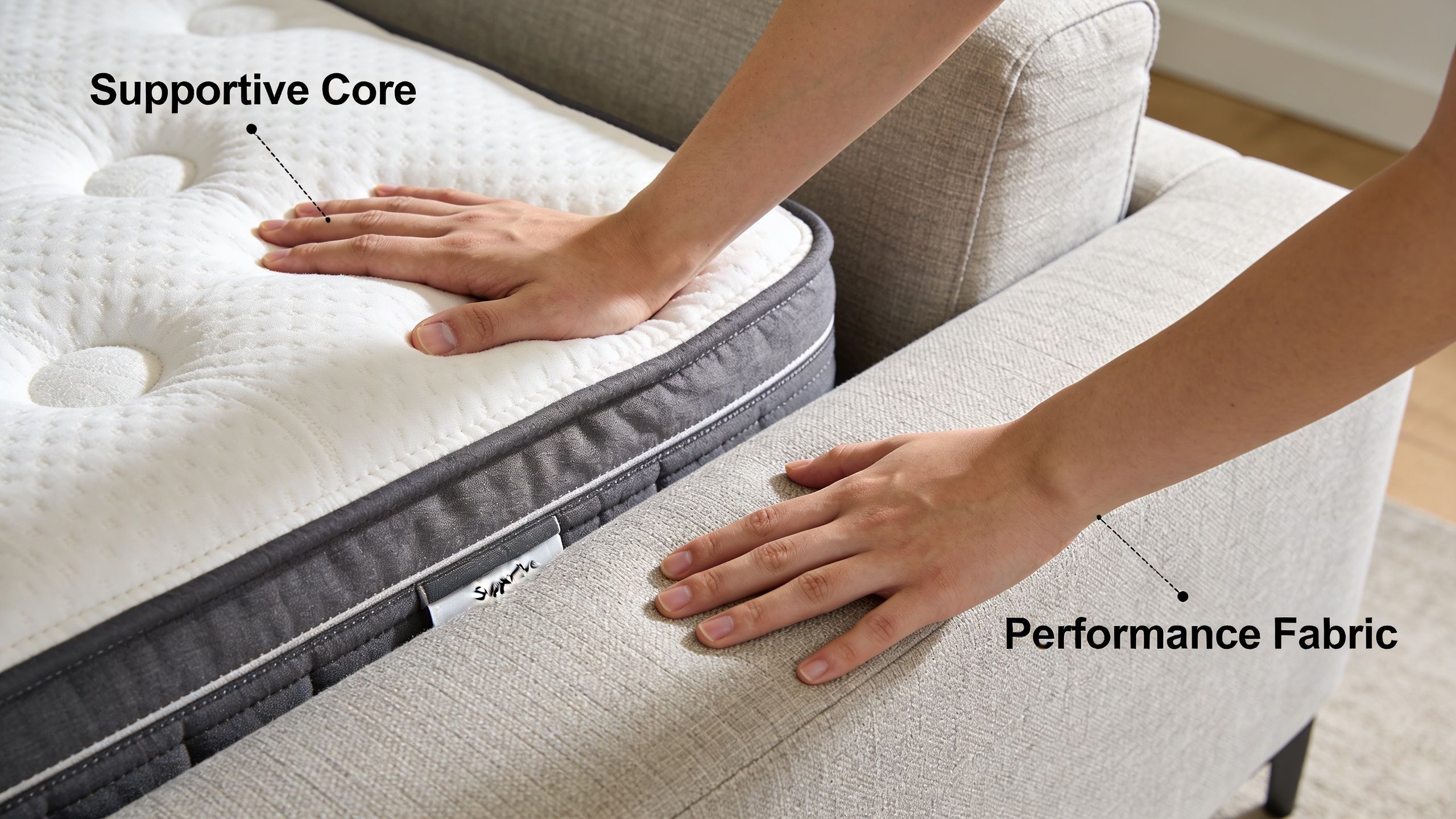 A close-up view showing hands touching the mattress and frame of compact convertible studio furniture.